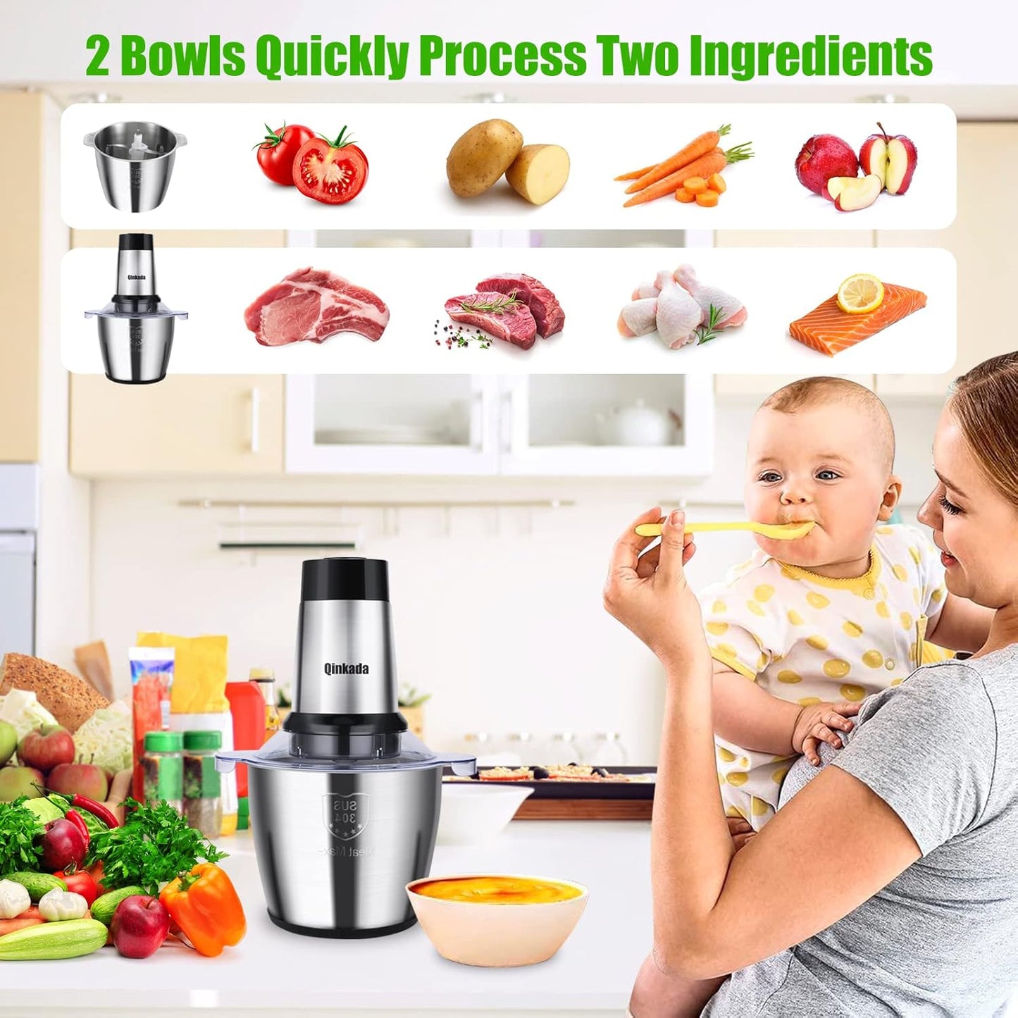 Food Processor, 2 Stainless Steel Bowls, 14Cup, 500W Powerful Electric Meat Grinder, 3 Speed Modes 4 Bi-Level Blades for Onion, Meat, Nuts, Fruit, Garlic, Vegetable, Baby Food