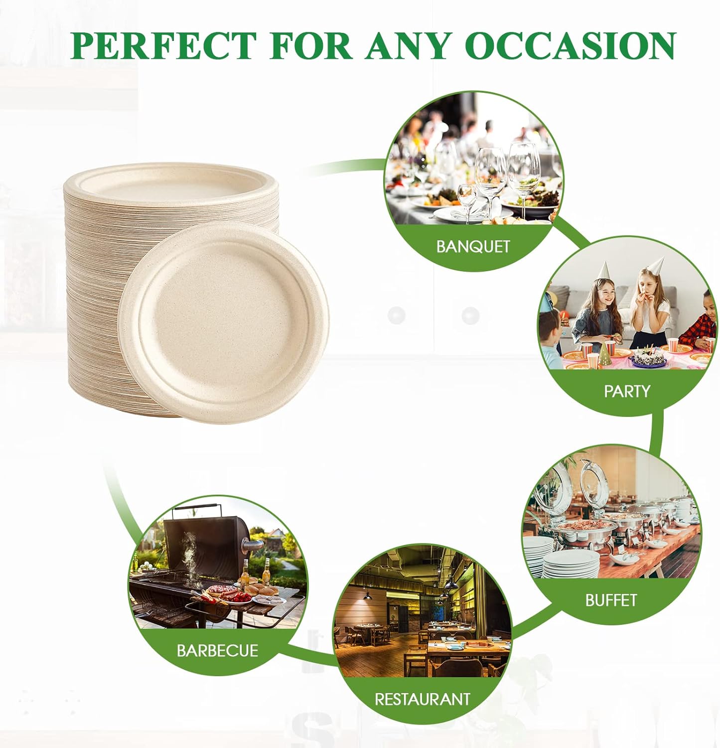 Vplus 350 Pack Paper Plates 7 inch 100% Compostable, Heavy-Duty Disposable Paper Plates Bagasse Natural Biodegradable Eco-Friendly Sugarcane