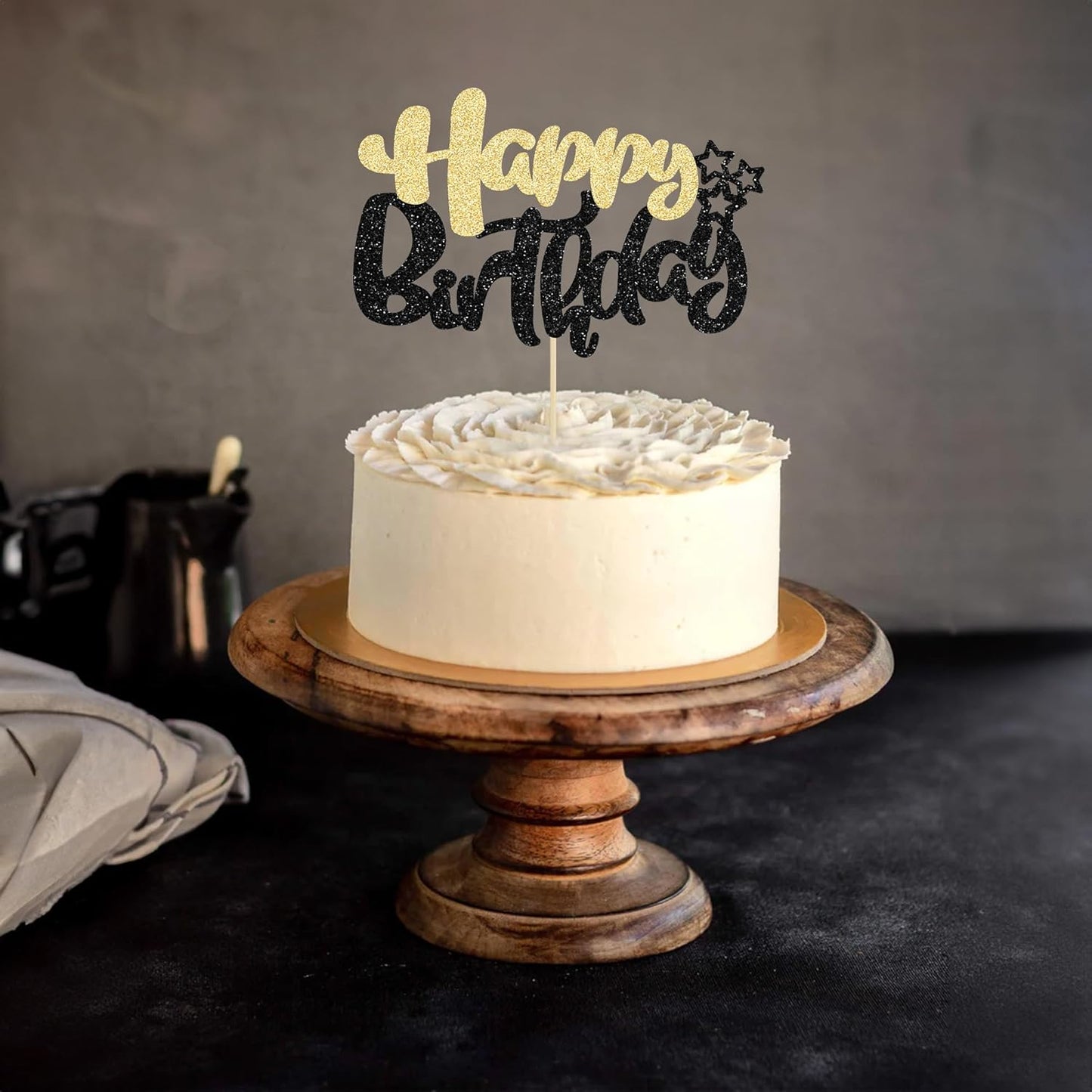 Ephlyn 1Pcs Happy Birthday Cake Topper Glitter Cake Pick for Celebrating Anniversary Theme Party Cake Decorations Supplies Black Gold
