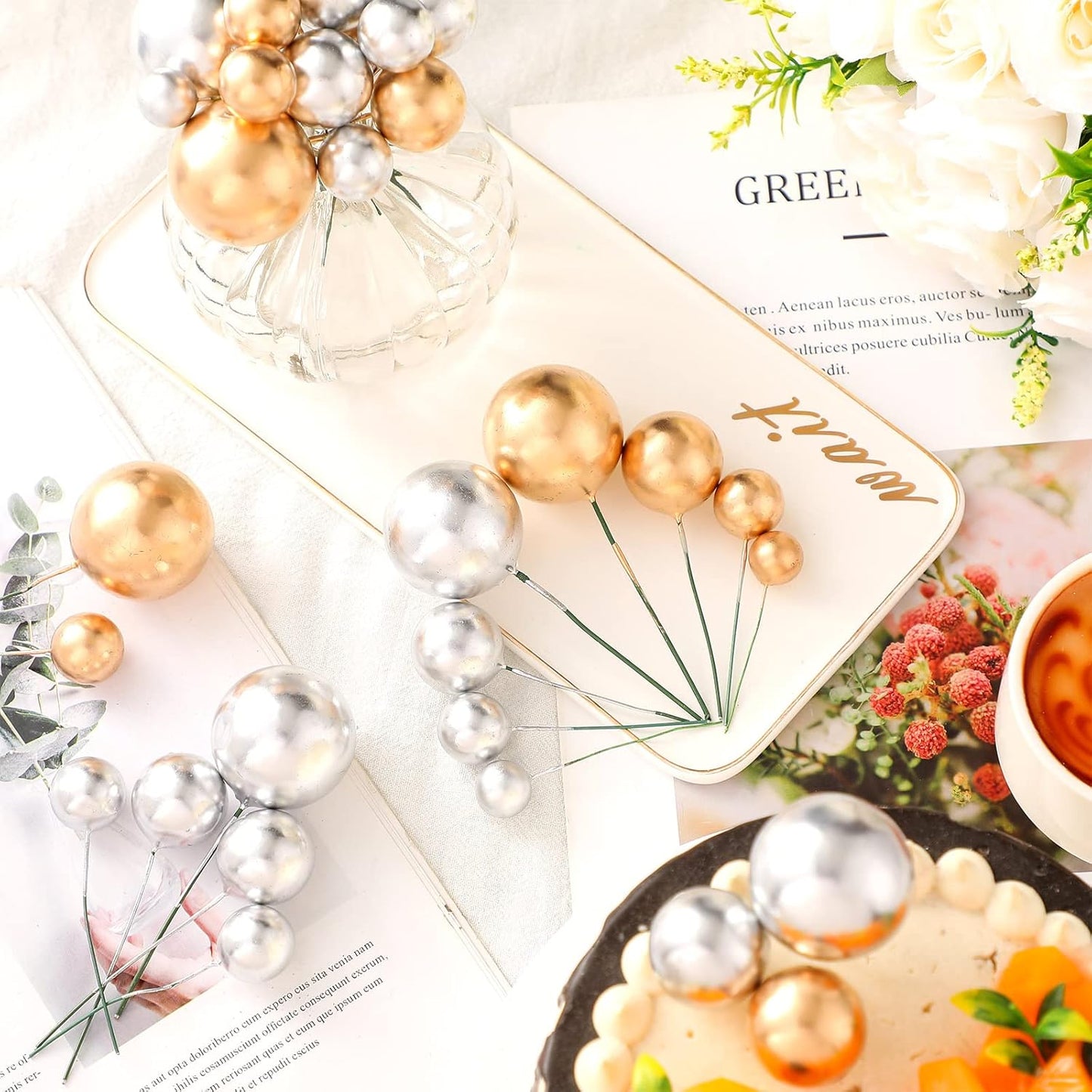 108 Pcs Balls Cake Topper DIY Cupcake Insert Foam Balloons for Cake Baking Wedding Anniversary Birthday Decoration(Gold, Silver,Multi Sizes)