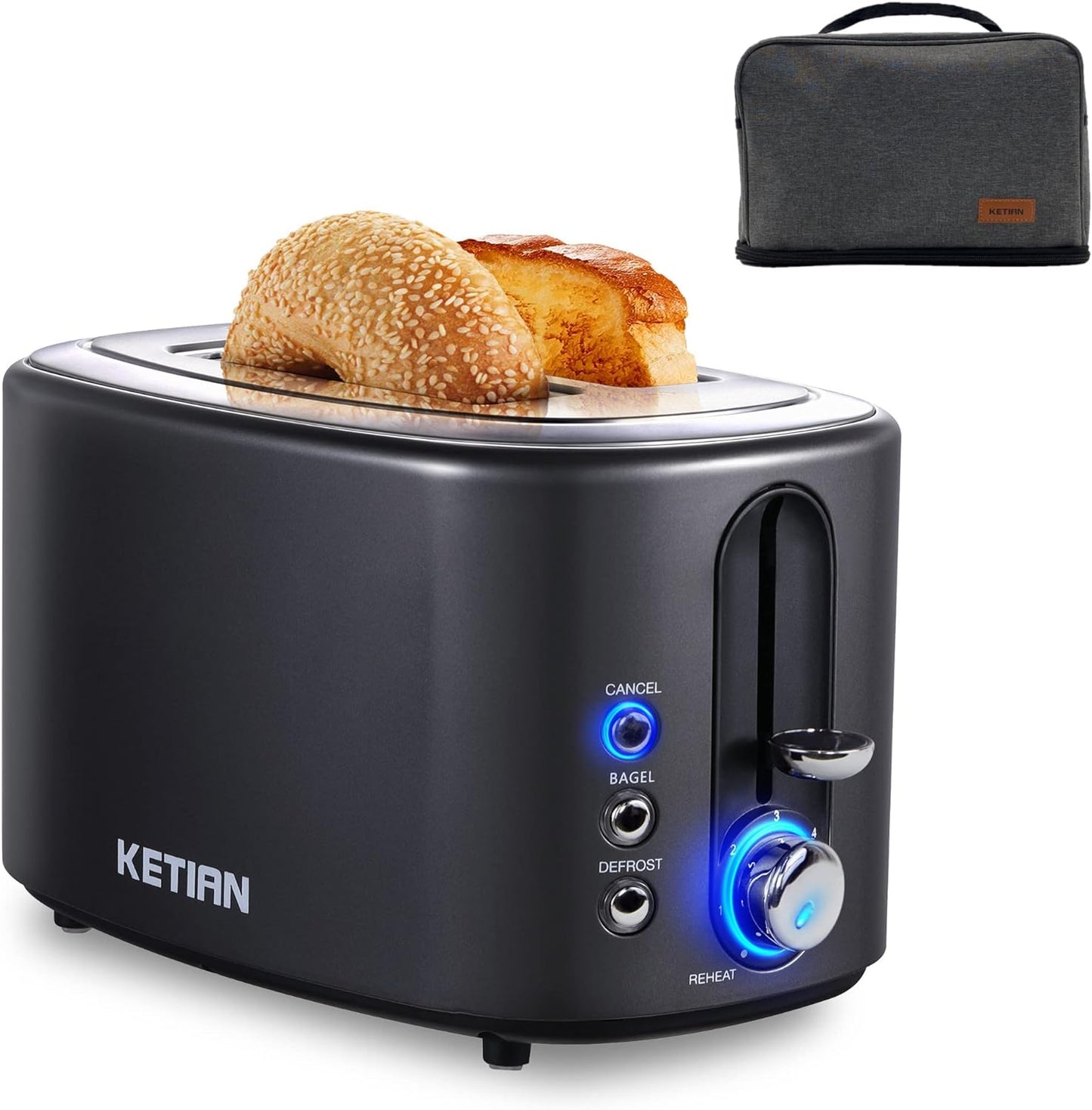 2 Slice Toaster with Cover,KETIAN Retro Stainless Steel Toasters,1.5'' Extra Wide Slot,Cancel Bagel Defrost Reheat Functions, 6 Toast Browning Settings, Removable Crumb Tray,Black
