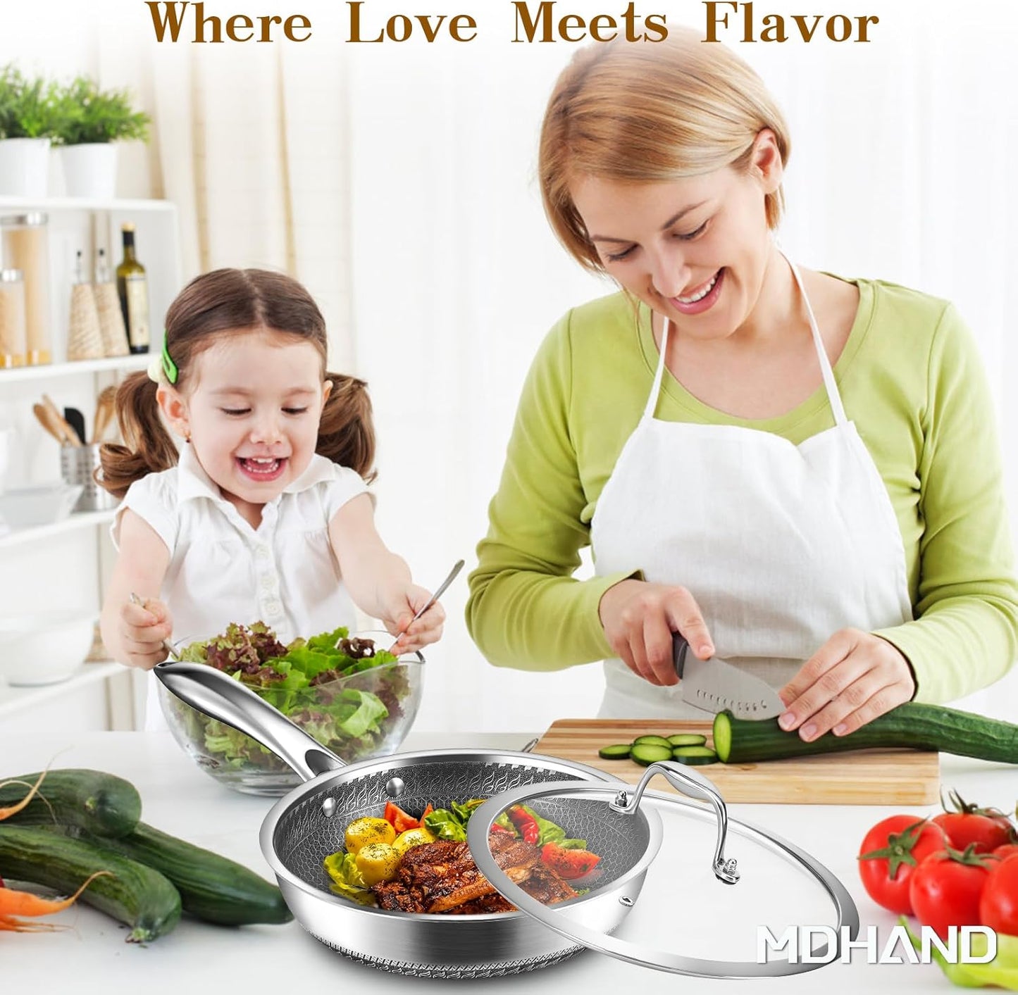 MDHAND 10 Inch Nonstick Frying Pan with Tempered Glass Lid, Premium Stainless Steel Skillet with Stay-Cool Handle, Dishwasher-Friendly, Oven-Safe, Induction Ready, Compatible with All Cooktops