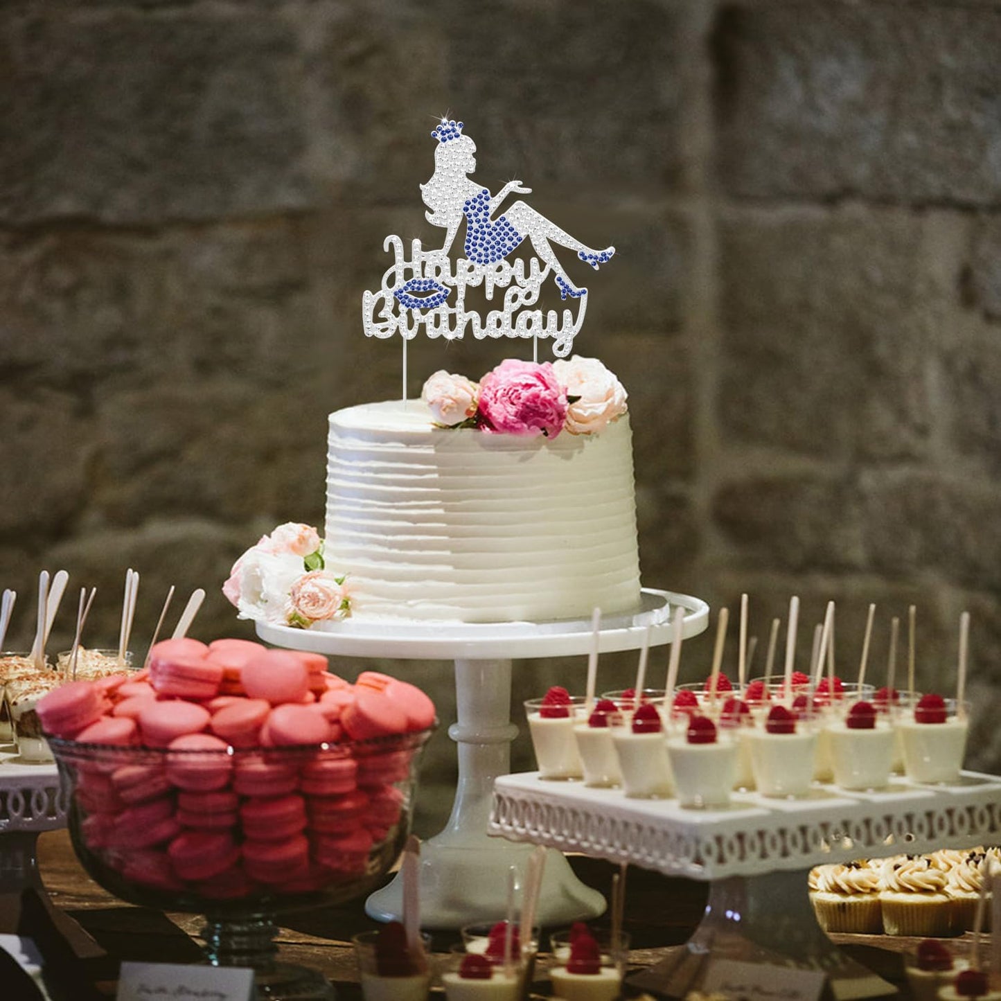 LINGTEER Happy Birthday Crown Queen Lady Rhinestone Cake Topper - Cheers to Makeup Spa Birthday Party Cake Centerpieces Decorations Gift Sign - Blue.