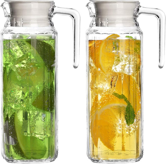 Glass Pitcher with Lid – Set of 2 34Oz Glass Water Pitcher – Cold Water Carafe For Ice Tea, Lemonade, Coffee – Elegant and Modern – Practical Spout Pitchers for Drinks