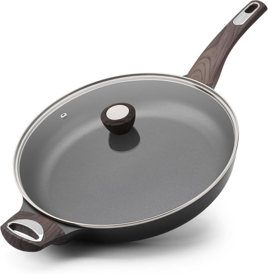 SENSARTE Ceramic Nonstick Frying Pan Skillet with Lid, 12.5 Inch Non Stick Pan Omelette Pans, Healthy Kitchen Cooking Chef's Pan, Free of Intentionally Added PFOA/PFOS, Induction Compatible, Black