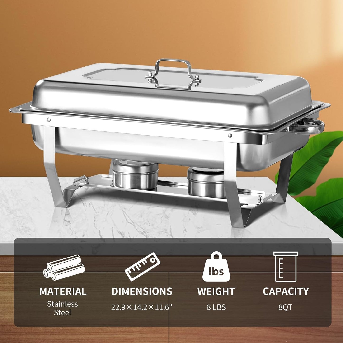 8 Qt 4 Pack Full Size Stainless Steel Chafing Dishes Buffet Set, Silver Rectangular Catering Chafer Warmer Set with Trays Pan Lid Folding Frame Stand for Kitchen Party Banquet Dining