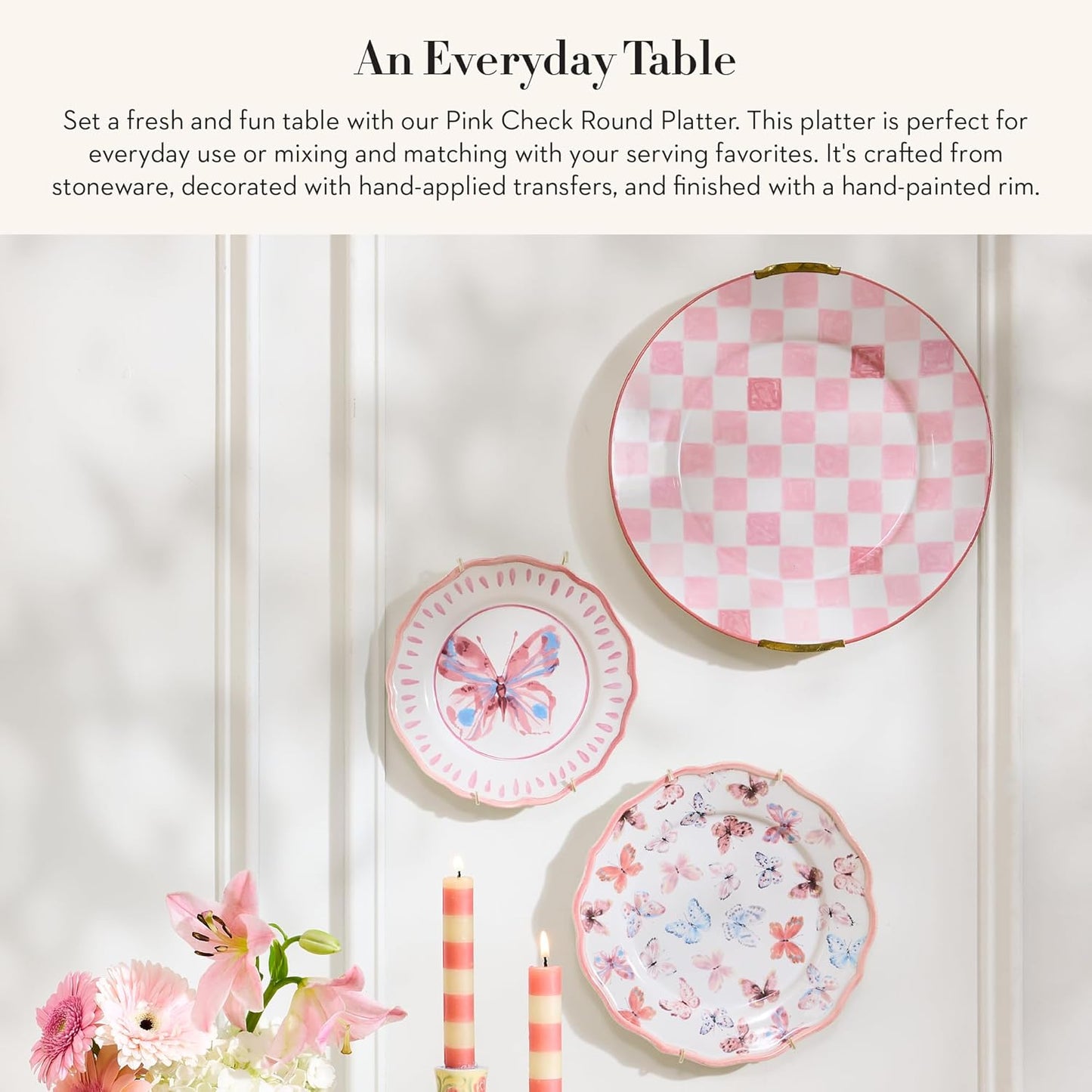 MACKENZIE-CHILDS Round Platter, Dishwasher-Safe and Microwave-Safe Stoneware Serving Platter, Pink Check