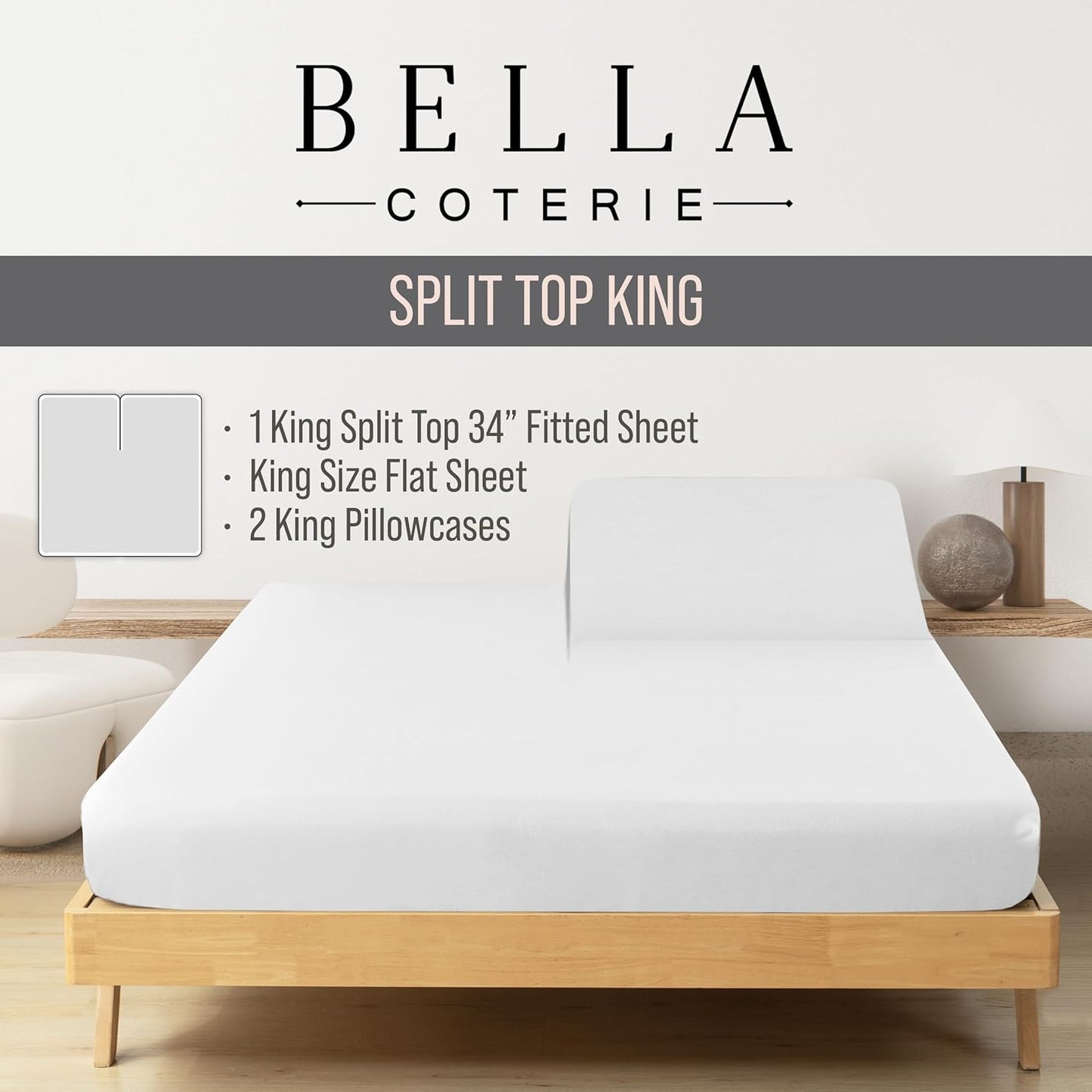 Bella Coterie Luxury Bamboo Viscose Split Top King Size Sheet Set | 100% Organically Grown | Ultra Soft | 34" Split | Cooling for Hot Sleepers | 18" Deep Pocket [White]