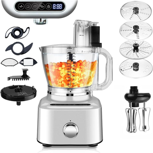 Homtone 16 Cup Food Processor Large, Aluminum-Diecast 11-In-1Food Processor with Whisk, 5 Preset Modes& Stepless Speed Control, 8 Blades for Shred, Slice, Chop, Knead, Dice, Fries Cut, 650W, Sliver
