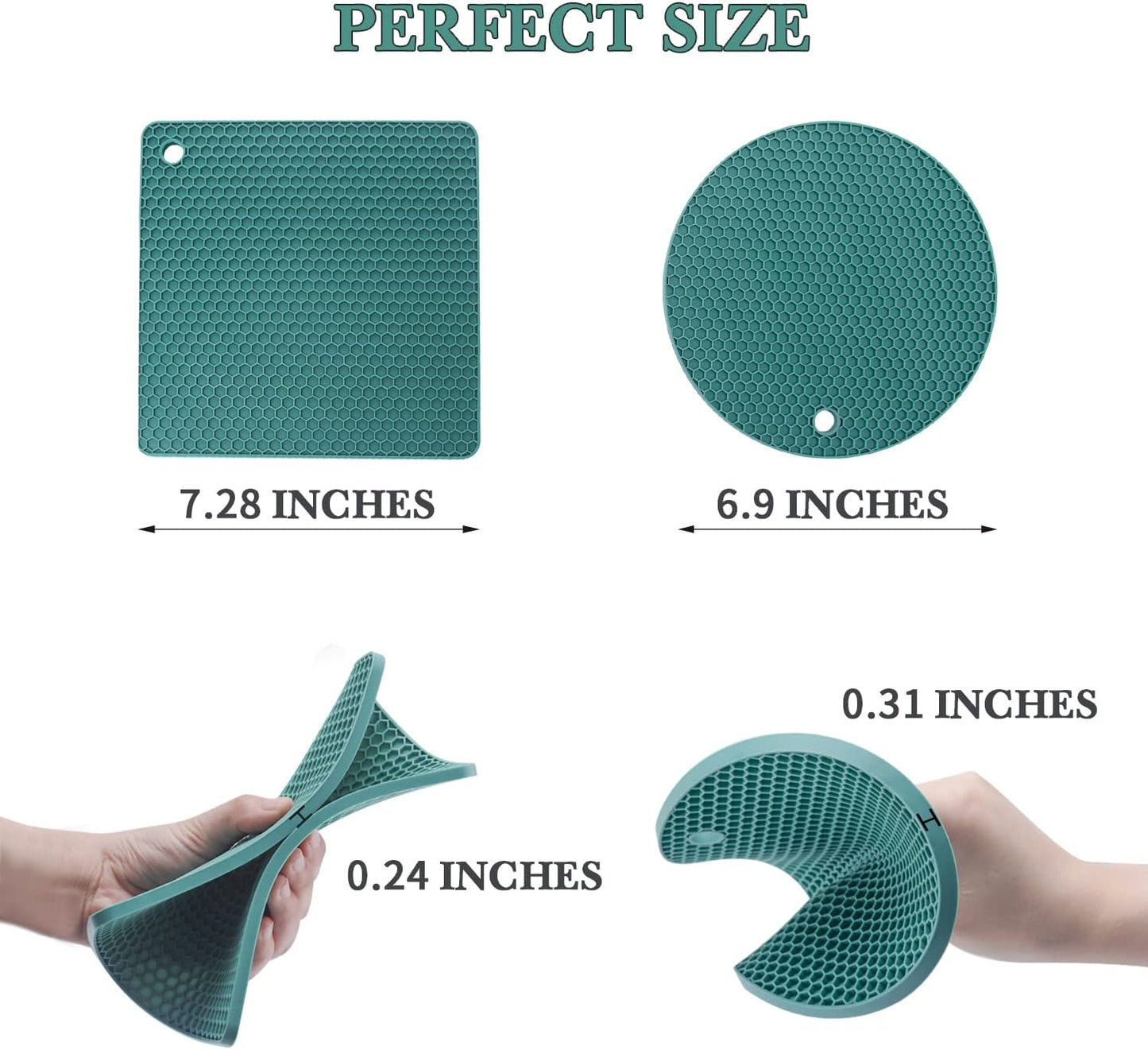 4 Pack Silicone Trivets for Hot Dishes, Dark Green Silicone Hot Pads Trivet for Hot Pots and Pans, 4 PCS Heat Resistant Silicone Mats Pot Holders for Kitchen Counter, Large Coasters & Jar Opener