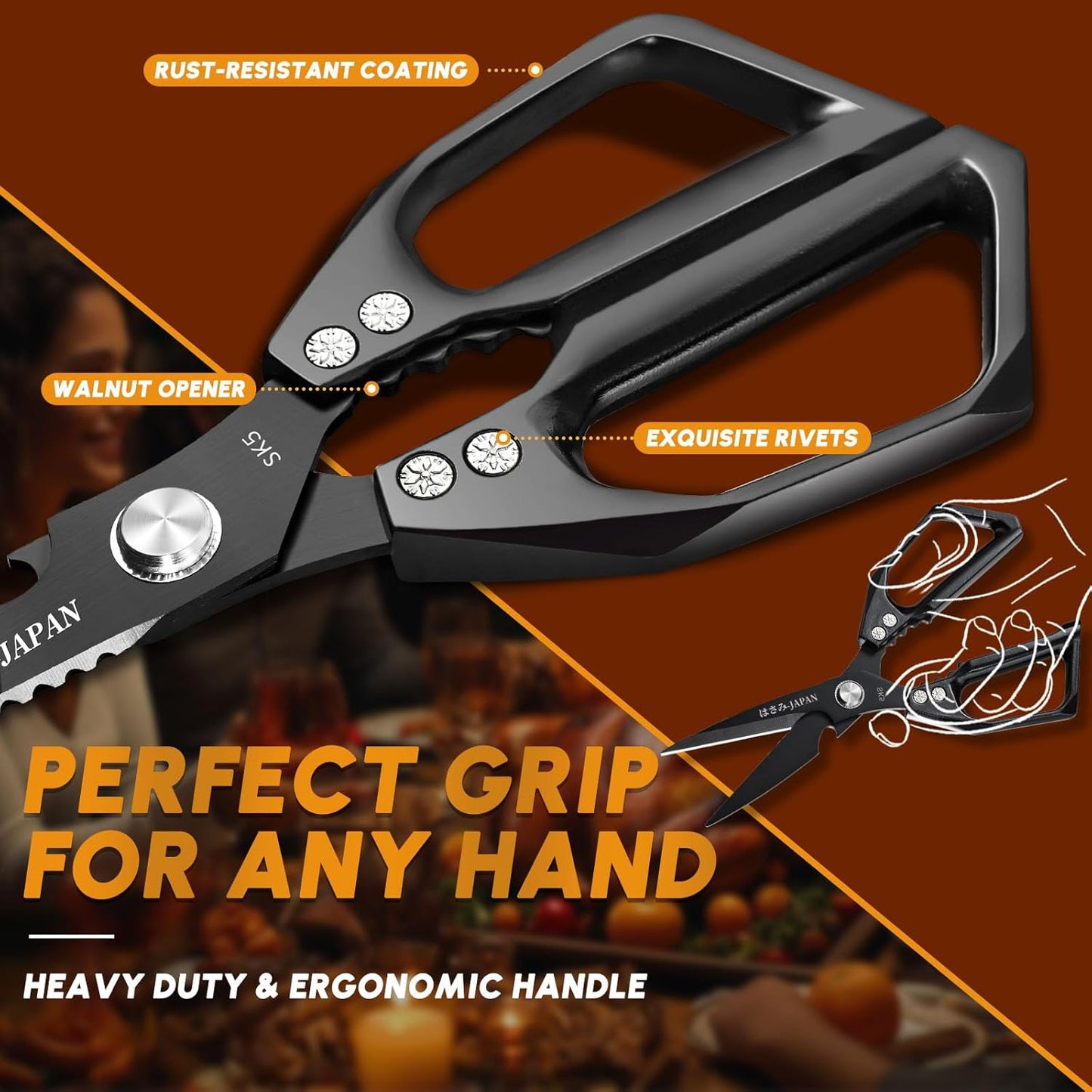 HUUSK Kitchen Scissors Set Black - Stainless Steel Kitchen Shears, Sharp Meat Scissors Dishwasher Safe, Heavy Duty Poultry Shears all Purpose, Japanese Cooking Scissor for Food, Chicken, and Turkey