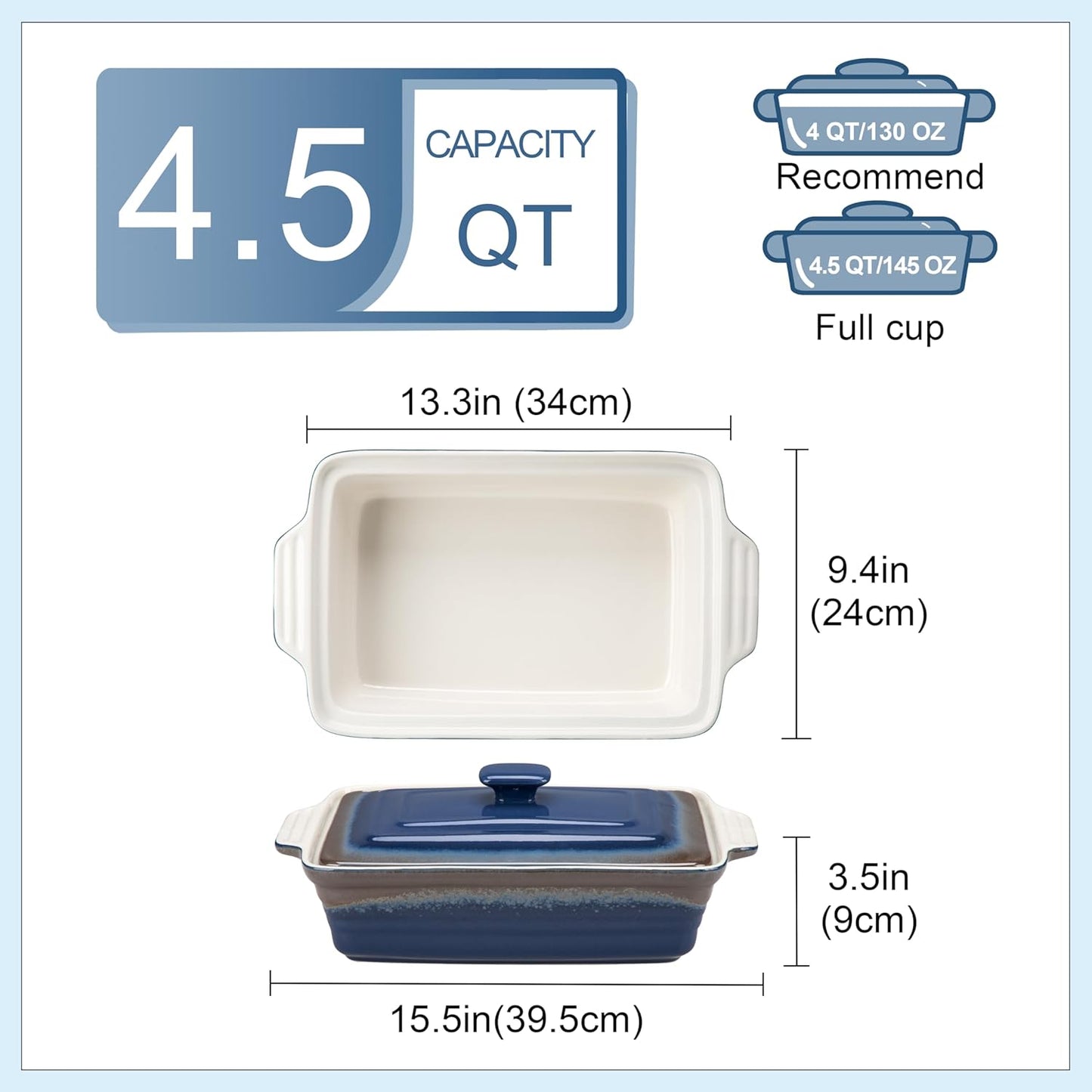 LOVECASA 4.5 Quart Ceramic Casserole Dish with Lid, 9x13 Baking Dish for Oven, Lasagna Pan Deep with Handles, Stoneware Bakeware, Oven & Dishwasher Safe, Blue Gray Gradient