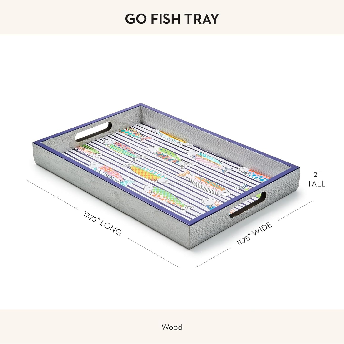 MACKENZIE-CHILDS Wooden Tray with Handles, Rectangular Tray for Serving, Go Fish
