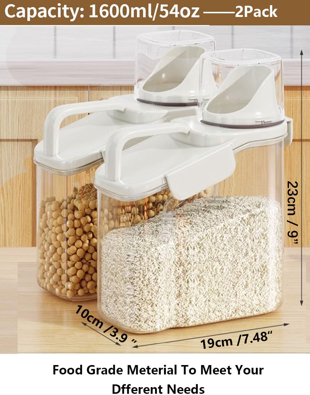 Cereal Containers Storage Airtight Small Dry Food Storage Containers with Pour Spout Cereal Dispenser Plastic Food Container kitchen Pantry Storage for Dry Food Flour Grain Snack, 2 Pack 1.6L