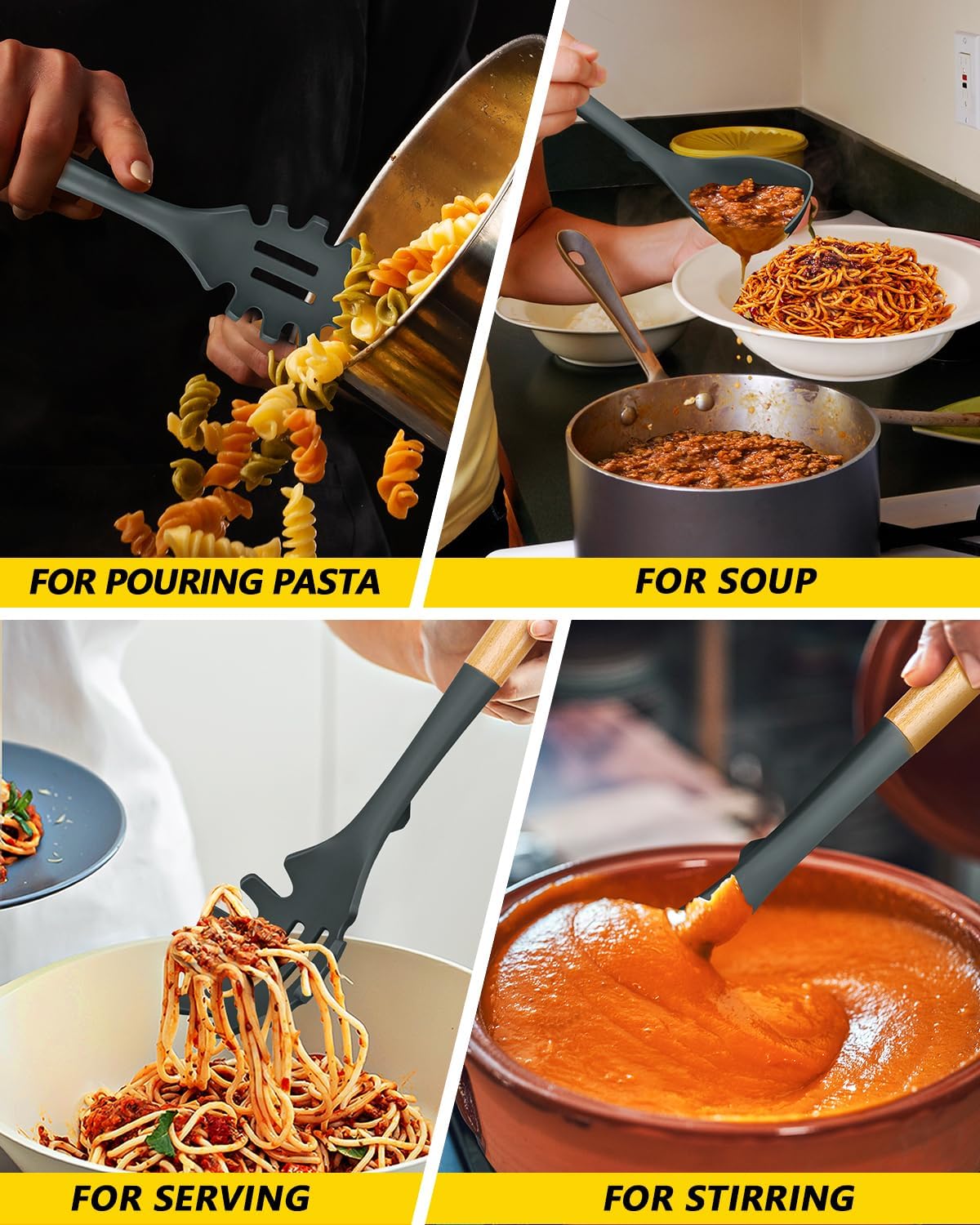 Silicone Soup Ladle and Spaghetti Spoon Set with Wooden Handle, Non Stick Heat Resistant Kitchen Utensils for Cooking, Stirring, Serving Pasta, Soup & Sauce(GRAY)