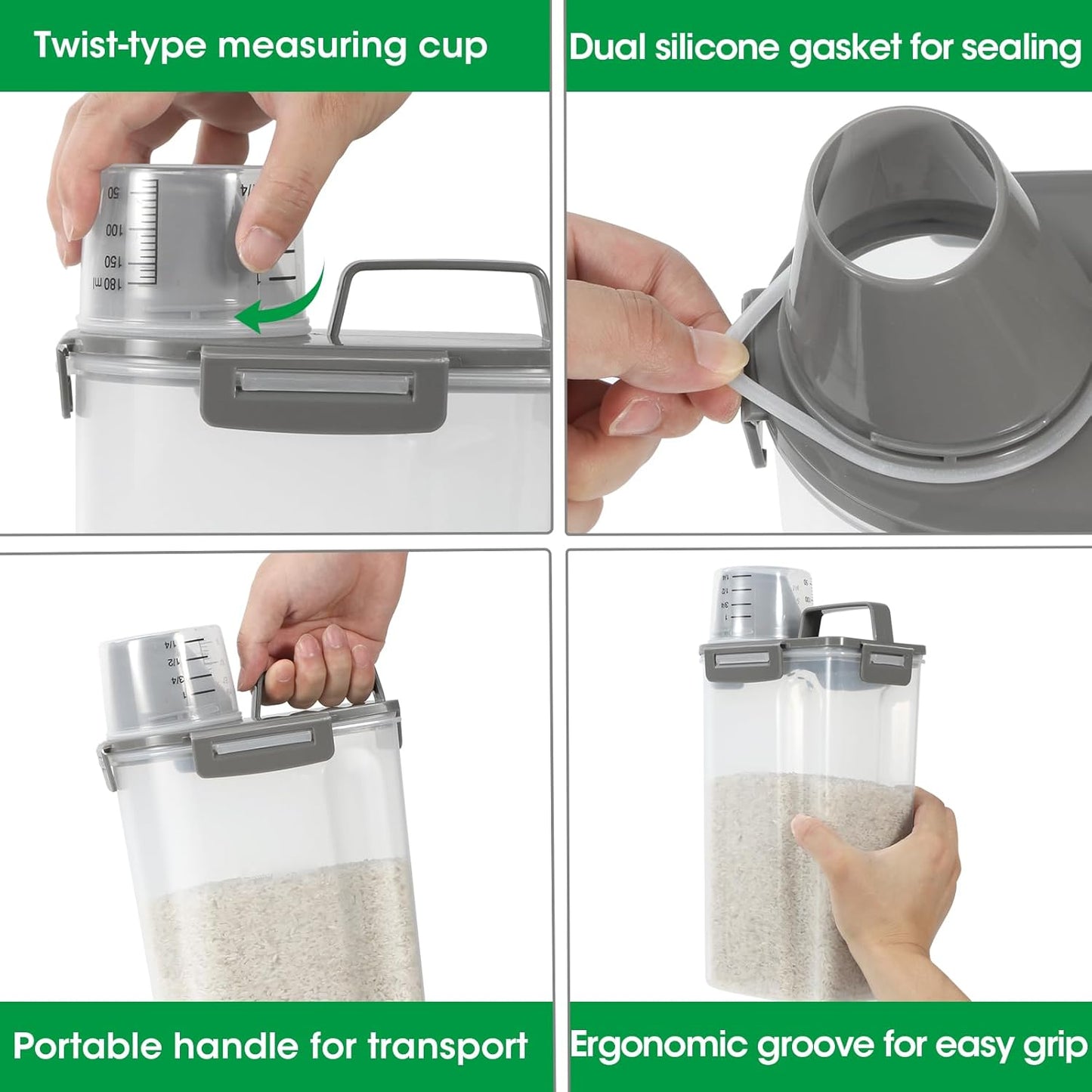 TBMax Rice Container Cereal Storage Container 2 Pack 5 Lbs, Kitchen Pantry Dry Food Storage Holder with Easy-Pouring Spout & Handy Cup, Small Pet Dog Cat Food Dispenser for Daily Feeding -Grey