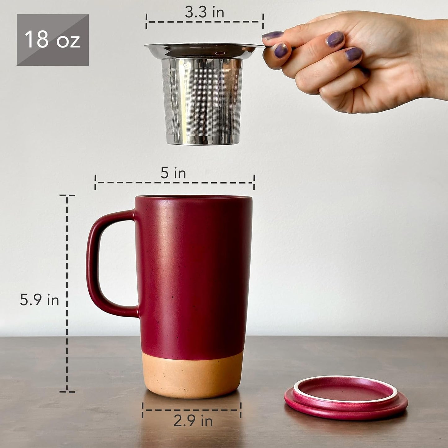 Mora Ceramics Large Tea Mug with Loose Leaf Infuser and Ceramic Lid, 18 oz, Portable, Microwave and Dishwasher Safe, Tall Coffee Cup - Rustic Matte Ceramic Glaze, Modern Herbal Tea Strainer, Merlot