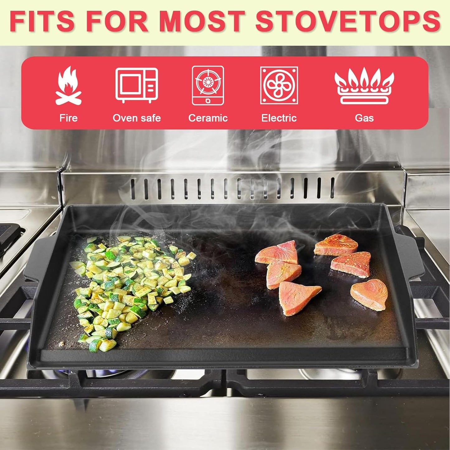 Universal Griddle Insert for Gas Grill, Cast Iron Flat Top Griddle for Stove 4 Burner, Pre-Seasoned Matte Porcelain Enamel Grill Plate for Camp Chef/Charbroil Etc. All Gas & Charcoal Grill 23" x 16"