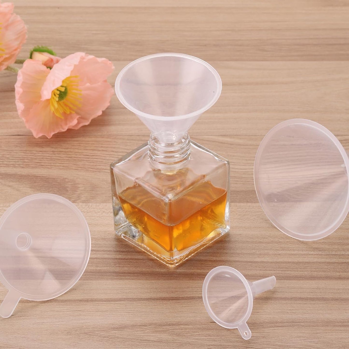 PATIKIL 3 Inch Clear Plastic Funnel, 4 Pcs Wide Mouth Multipurpose Transfer Funnel with Long Spout for Filling Water Bottle Liquid Lab Spices Powder Oil