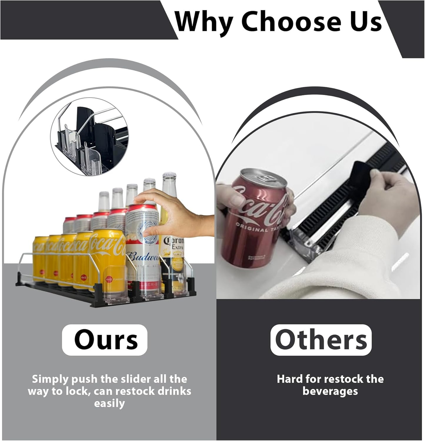 Upgraded Drink Organizer for Fridge – Adjustable Width Soda Can Organizer with Automatic Glide, Space-Saving Refrigerator Can Dispenser Holds Up to 25 Cans – Drink Holder for Fridge (3 Rows, Black)