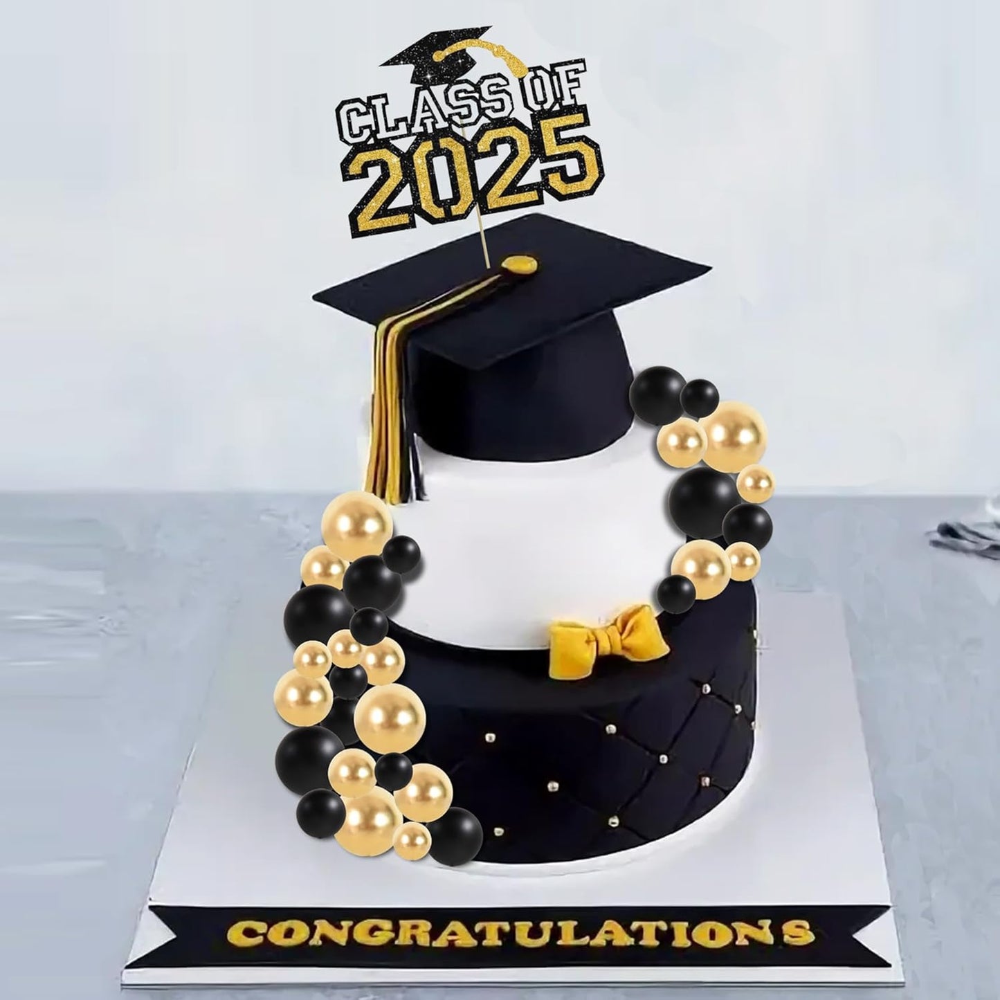 BEISHIDA 40 Pcs Ball Cake Toppers Mini Balls Cake Decorations Black Gold Foam Balls Sticks DIY Cake Topper for Baking Congrats Grade 2025 Graduation Birthday Retirement Party Decorations (Black Gold)