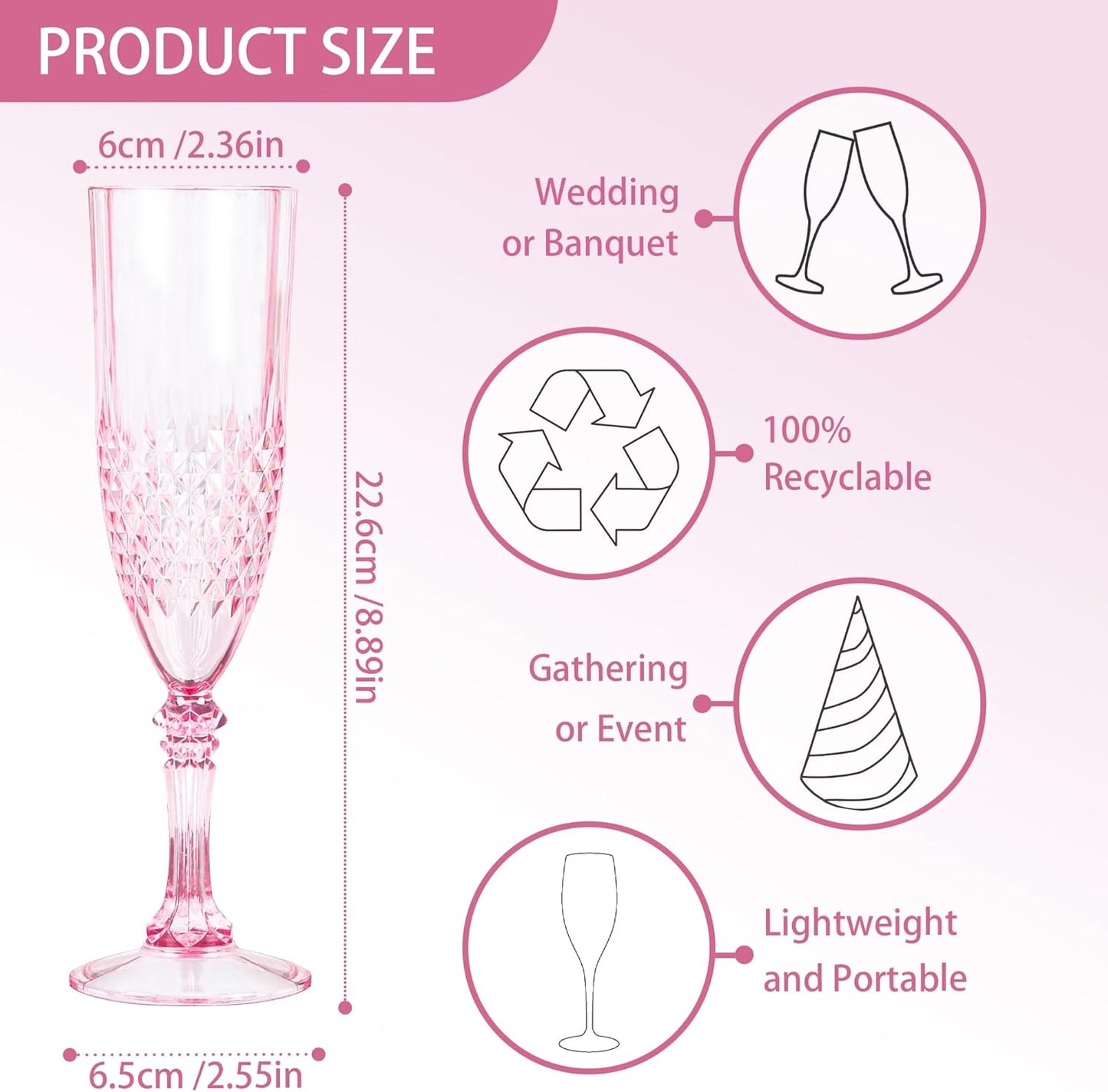 Plastic Champagne Flutes, 12PCS Pink Plastic Wine Glasses Goblets Reusable Champagne Flute for Weddings, Bachelor Parties, Toasting, and Events(12, Pink)