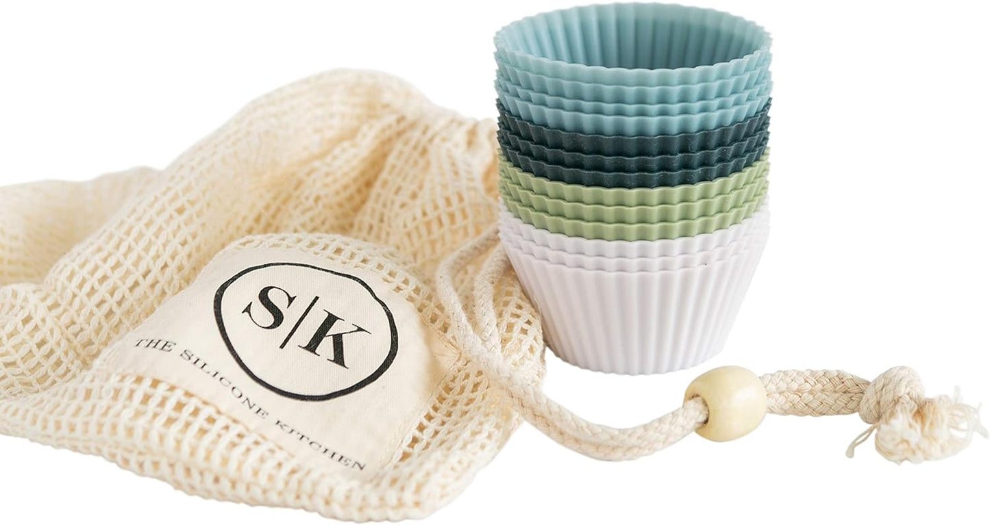 The Silicone Kitchen Reusable Silicone Baking Cup Silicone Muffin Liners for Cupcakes, BPA Free, Regular, 12 Pack, White Blue Green