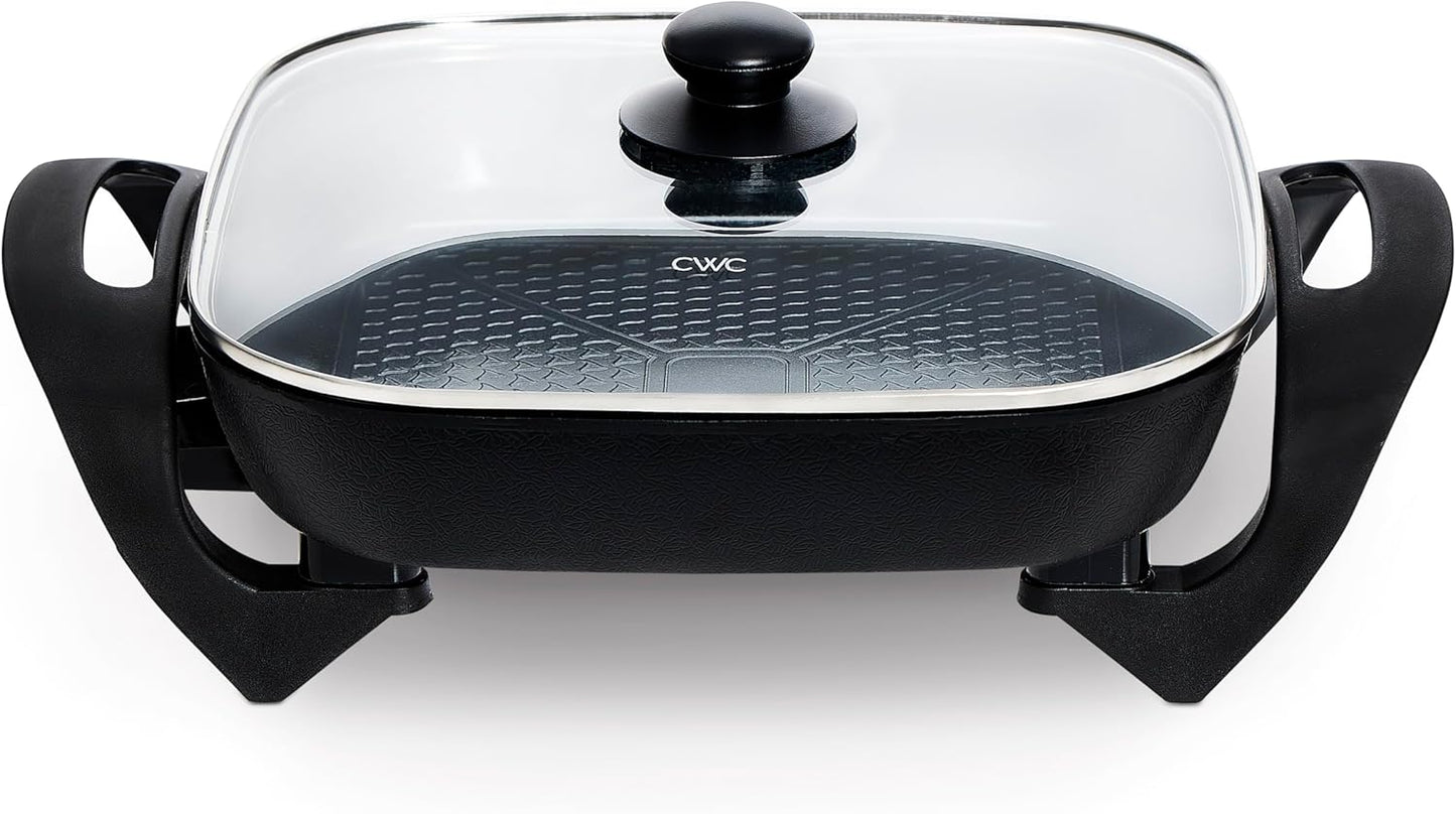 COOK WITH COLOR Electric Skillet - 12" x 12" Ceramic Nonstick Pan, PFAS-Free, 1400W, Tempered Glass Lid, Variable Temperature, Removable Heating Probe, Cool-Touch Handles, Black