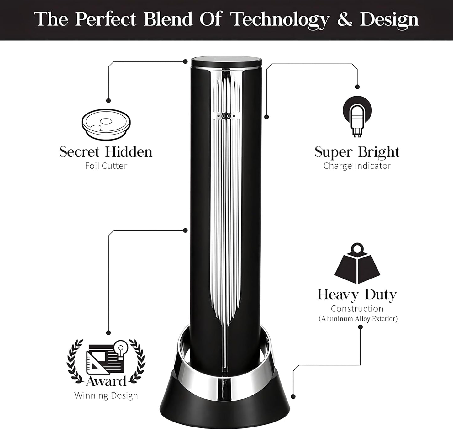 VINOWAKE Openero Electric Wine Opener By LINKSTYLE — Rechargeable Battery with Charging Base, Precision Steel Foil Cutter, Luxurious Matte Finish