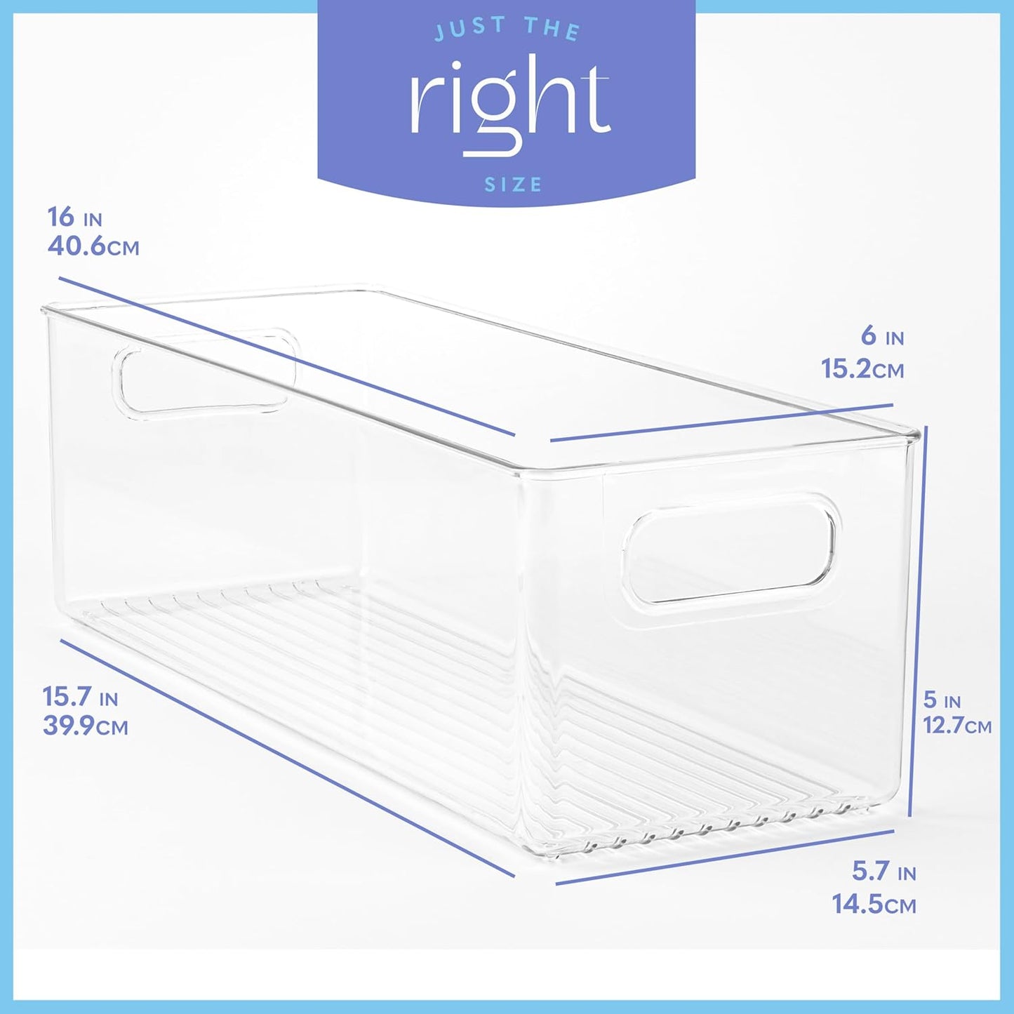 Plastic Food Storage 4 Pack Clear Container Bin with Handles for Organizing Kitchen, Pantry, Refrigerator, Freezer, Pantry, Cabinet, Closet, Bathroom. 16”x6”x5”