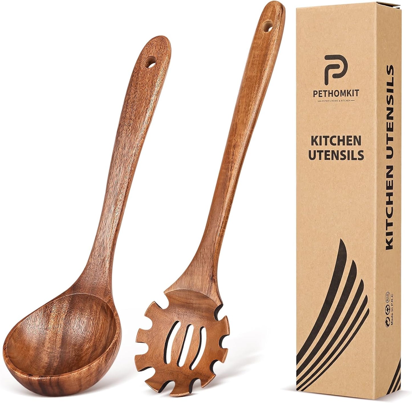 Wooden Spoons for Cooking,2 Pcs Wooden Utensil Set of Soup Ladle &Spaghetti Pasta Spoon with Teeth, Teak Wood Soup Ladle&Slotted Pasta Fork Strainer Spoon Set for Serving Collecting Noodle Gravy Sauce