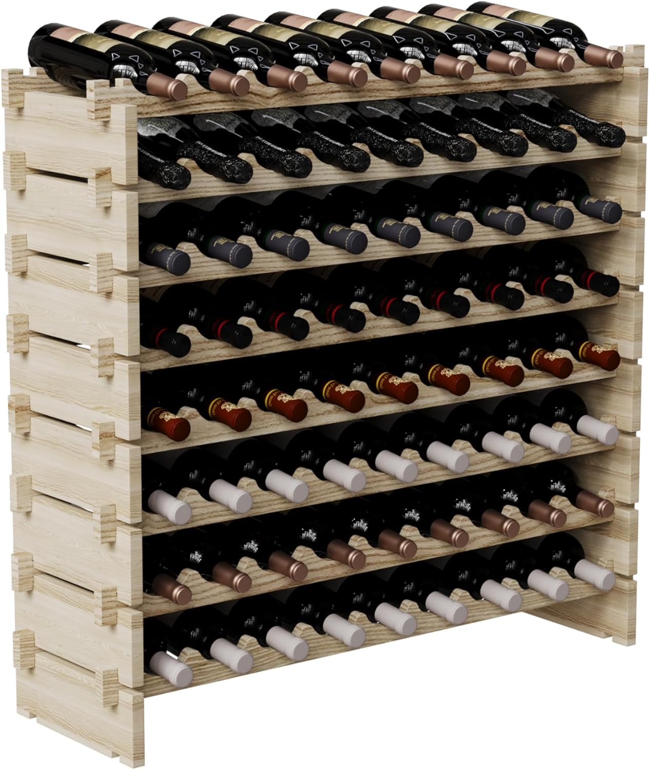 Modular Real Wood Wine Storage Racks - Stackable Wine Rack, Free Standing Floor Wooden Wine Rack, Premium Wine Storage Rack Elegant Display and Organizing for Kitchen and Cellar 8 Tier 72 Bottles