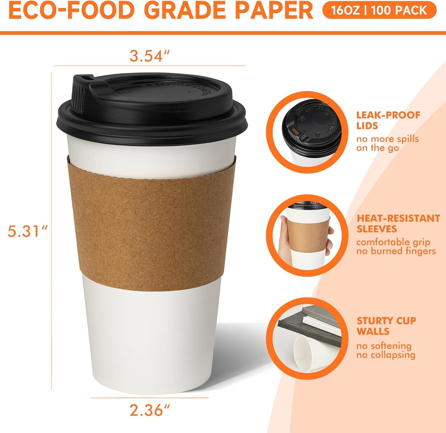 100 Pack 16 oz Disposable Coffee Cups with Lids and Sleeves, Paper Coffee Cups for Hot/Cold Drinks, Leak-Proof To Go Cups for Home, Cafes, Events and Office