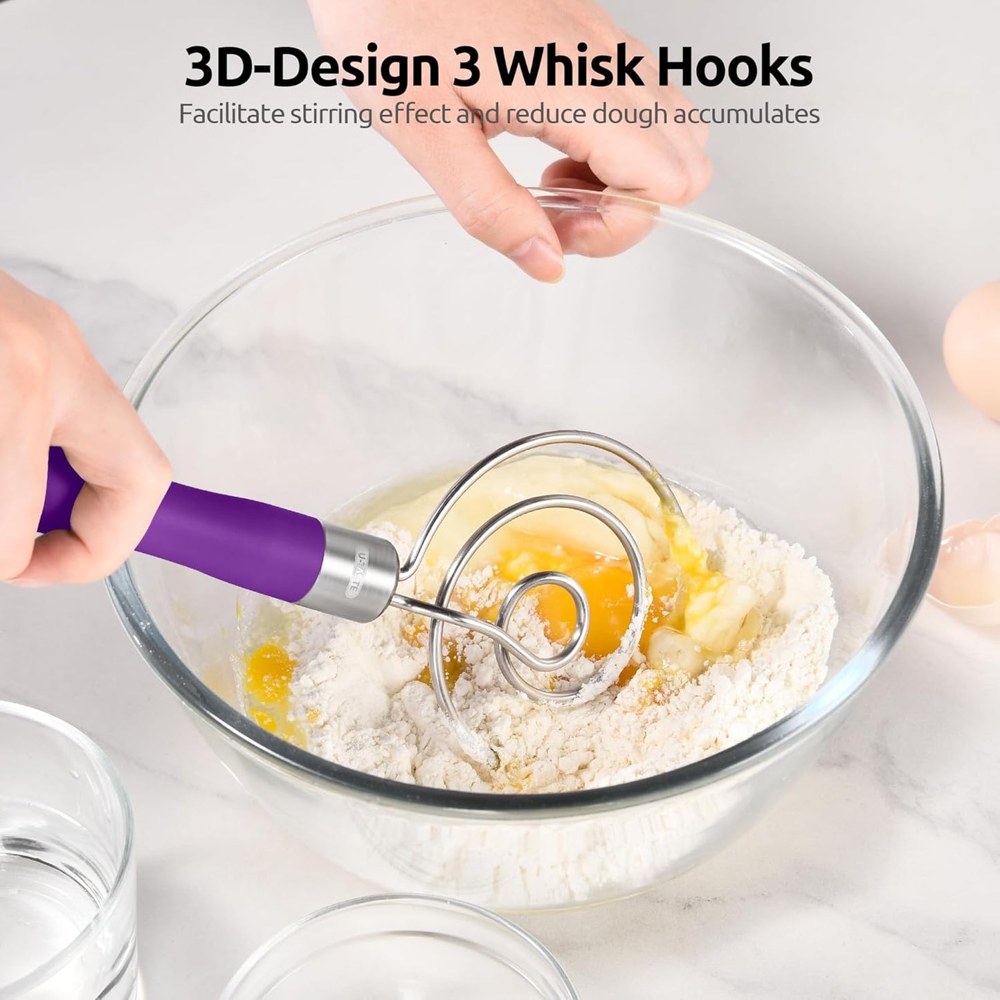 U-Taste 12.6in Danish Dough Whisk: 18/8 Stainless Steel Heavy-Duty Sourdough Mixer Tool, Food Grade Dutch Style Seamless Bread Wisk, Sturdy for Mixing, Stirring, Kneading Thick Batter (Purple)
