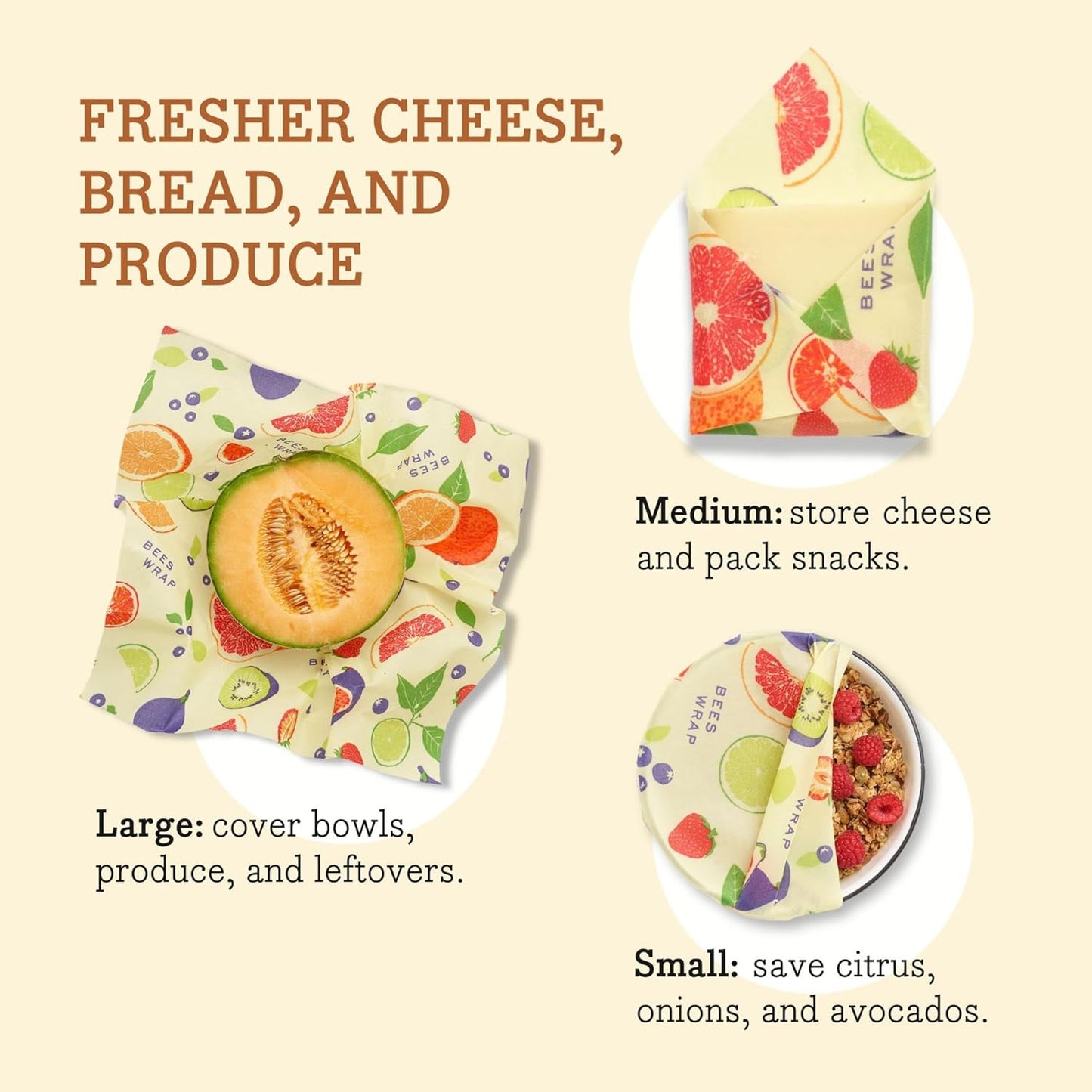 Bee's Wrap Beeswax Wraps for Food - Fresh Fruit 3 Pack (S, M, L) Made in USA Reusable & Organic Food Wraps, Sandwich Wrap & Bowl Covers - Eco-Friendly Alternative to Aluminum Foil & Plastic Wrap