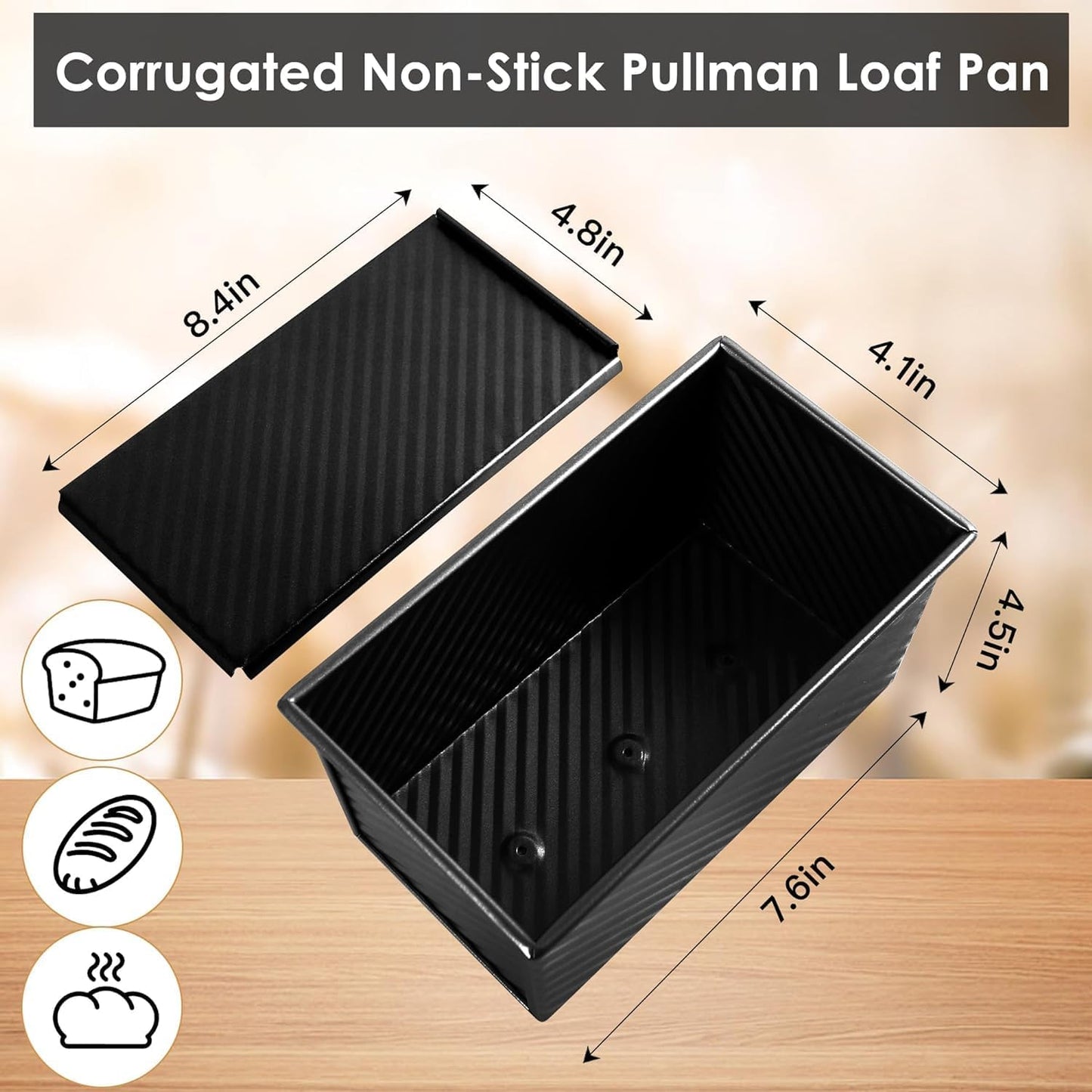 2pack 1LB Black Pullman Loaf Pan with Lid, Non-Stick Sandwich Bread Loaf Pan, Easy Release Bread Pan with Lid for Homemade Bread
