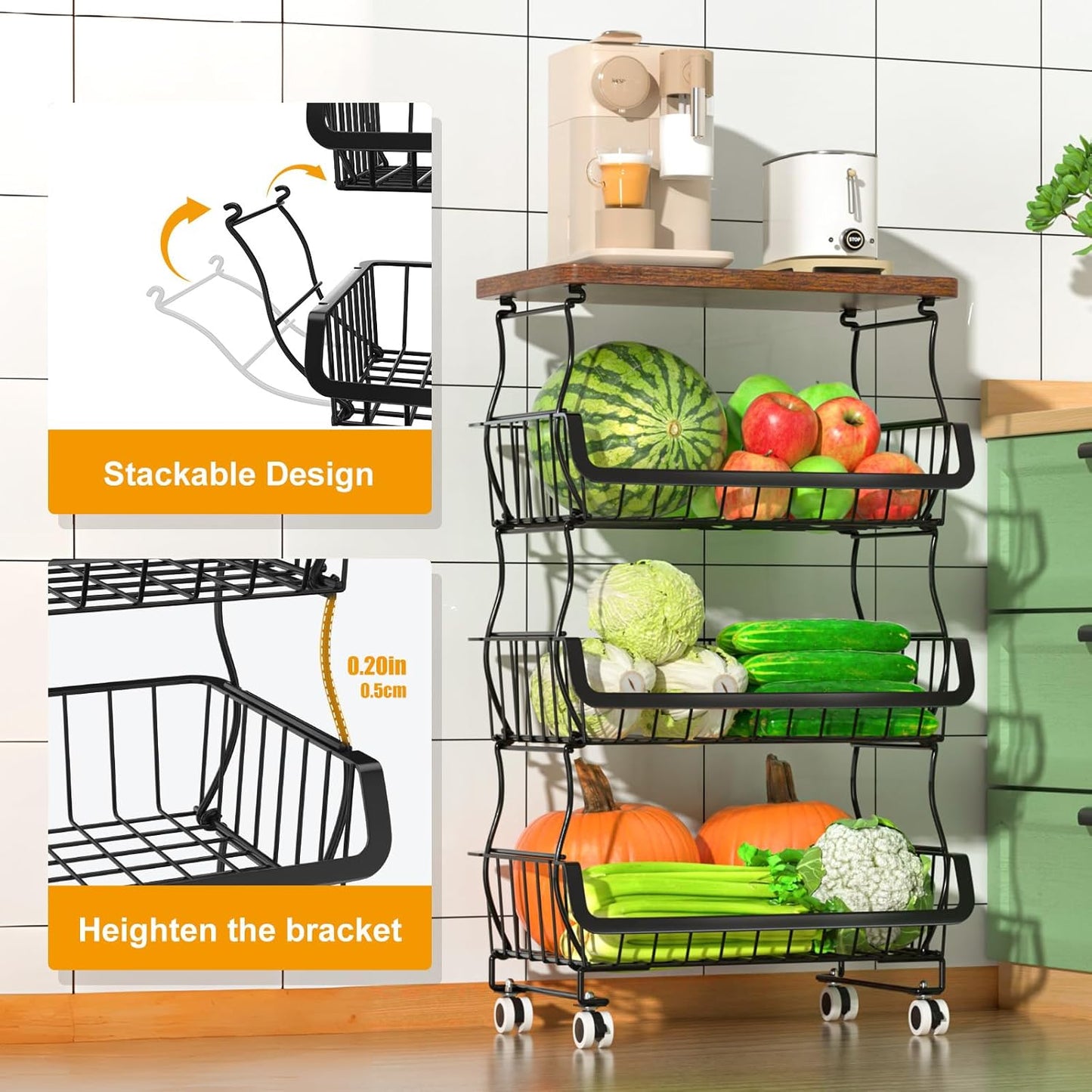 Fruit Vegetable Basket for Kitchen, 4 Tier Stackable Fruit Vegetable Storage Baskets with Wheels, Metal Wire Storage Basket Organizer Baskets for Kitchen, Pantry, Bathroom