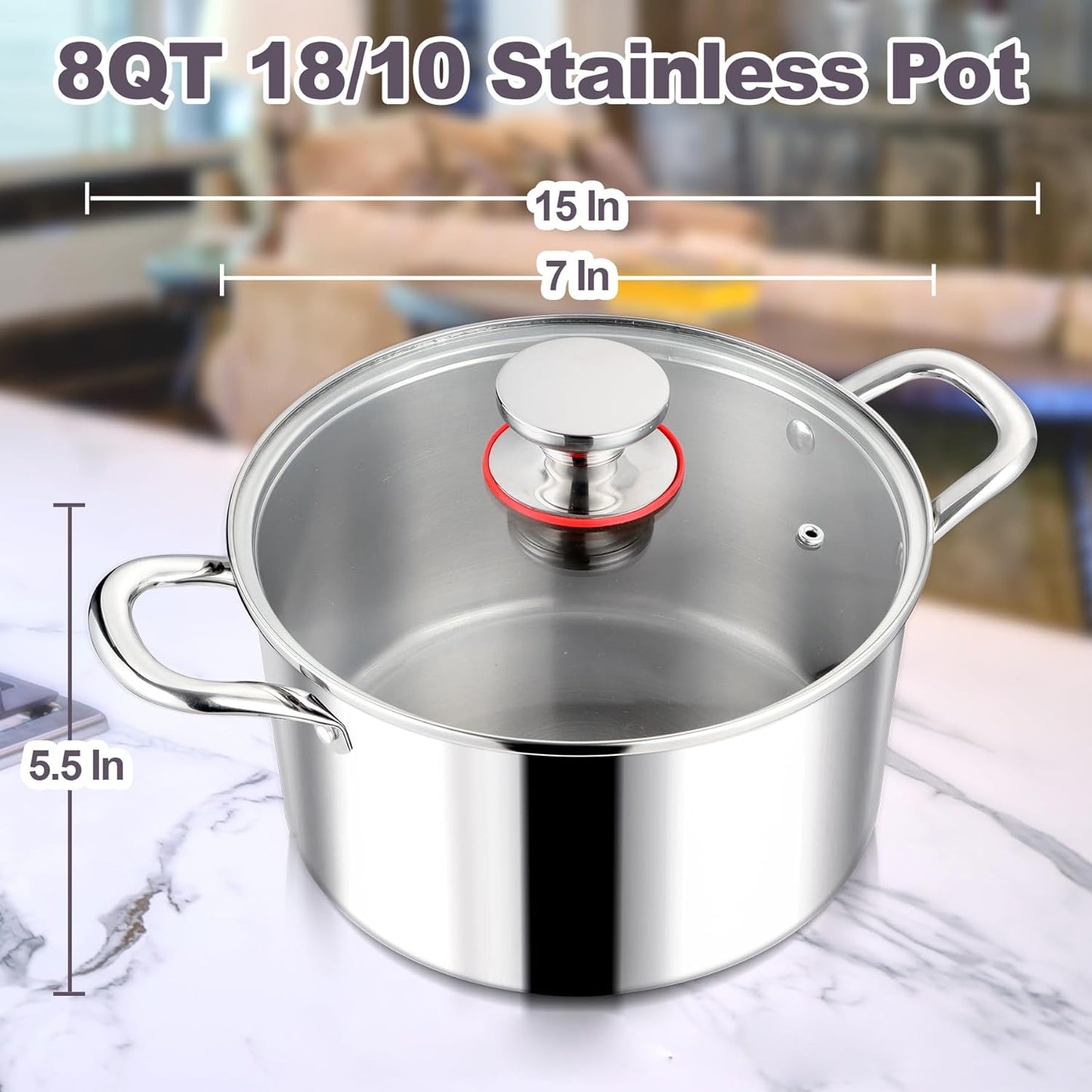 LIANYU 8QT 18/10 Stainless Steel Stock Pot with Lid, 8 Quart Stockpot with Triple Ply, Heavy Duty Big Cooking Pasta Soup Canning Induction Pot for Boiling Strew Simmer