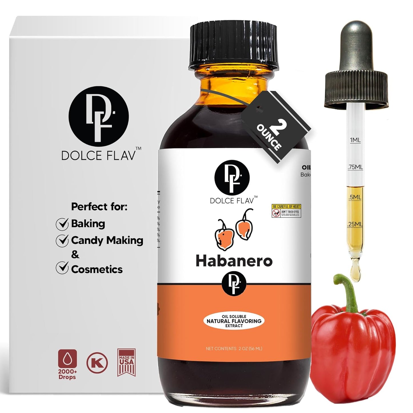 Dolce Flav Natural Habanero Extract (Oil-Soluble) 2 oz – Kosher, Sugar-Free, Concentrated Spicy Habanero Flavoring for Savory Dishes, Sauces & Confections, Includes Measured Dropper