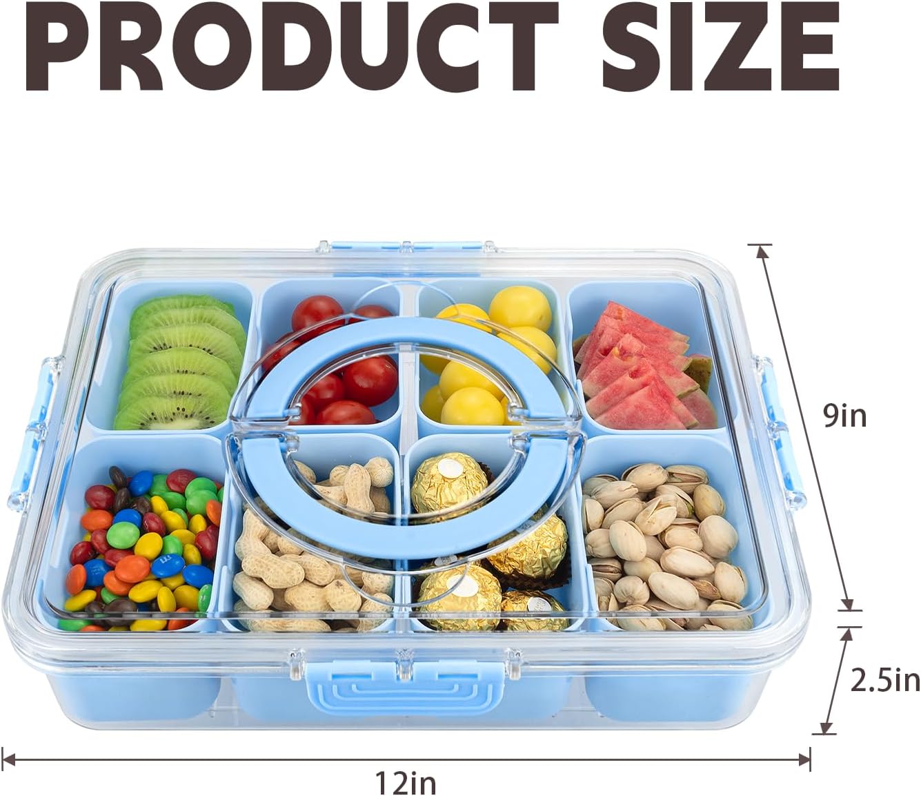 Divided Serving Tray with Lid and Handle,8 Compartments Snacks Box,Snack Fruit Veggie Tray,Portable Platter for Candy Fruits Nuts Snack Party Entertaining Picnic (Blue)