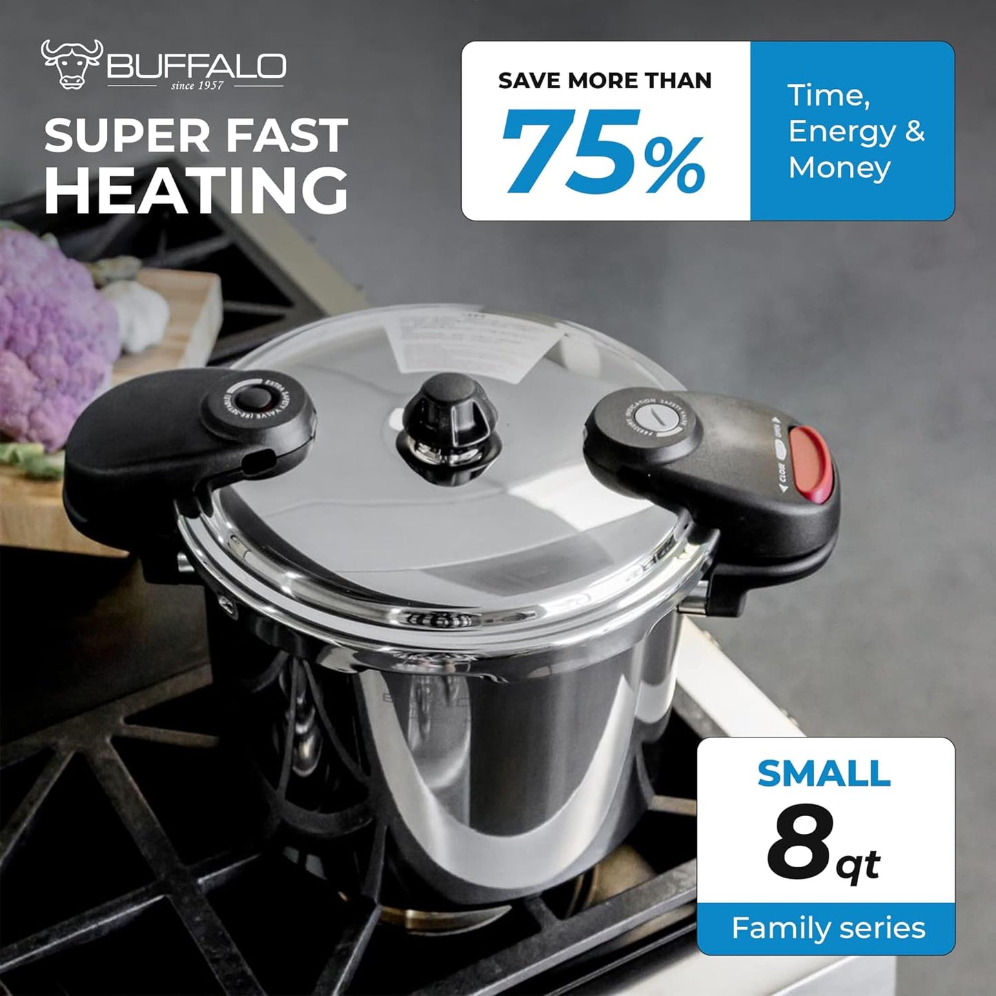 Buffalo Pressure Cooker 8 Qt Stainless Steel - Small Canning Pot with Lid for Home, Commercial Use - Easy to Clean Stove Top Pressure Canner, Can Cooker - SG Certificate QCP408