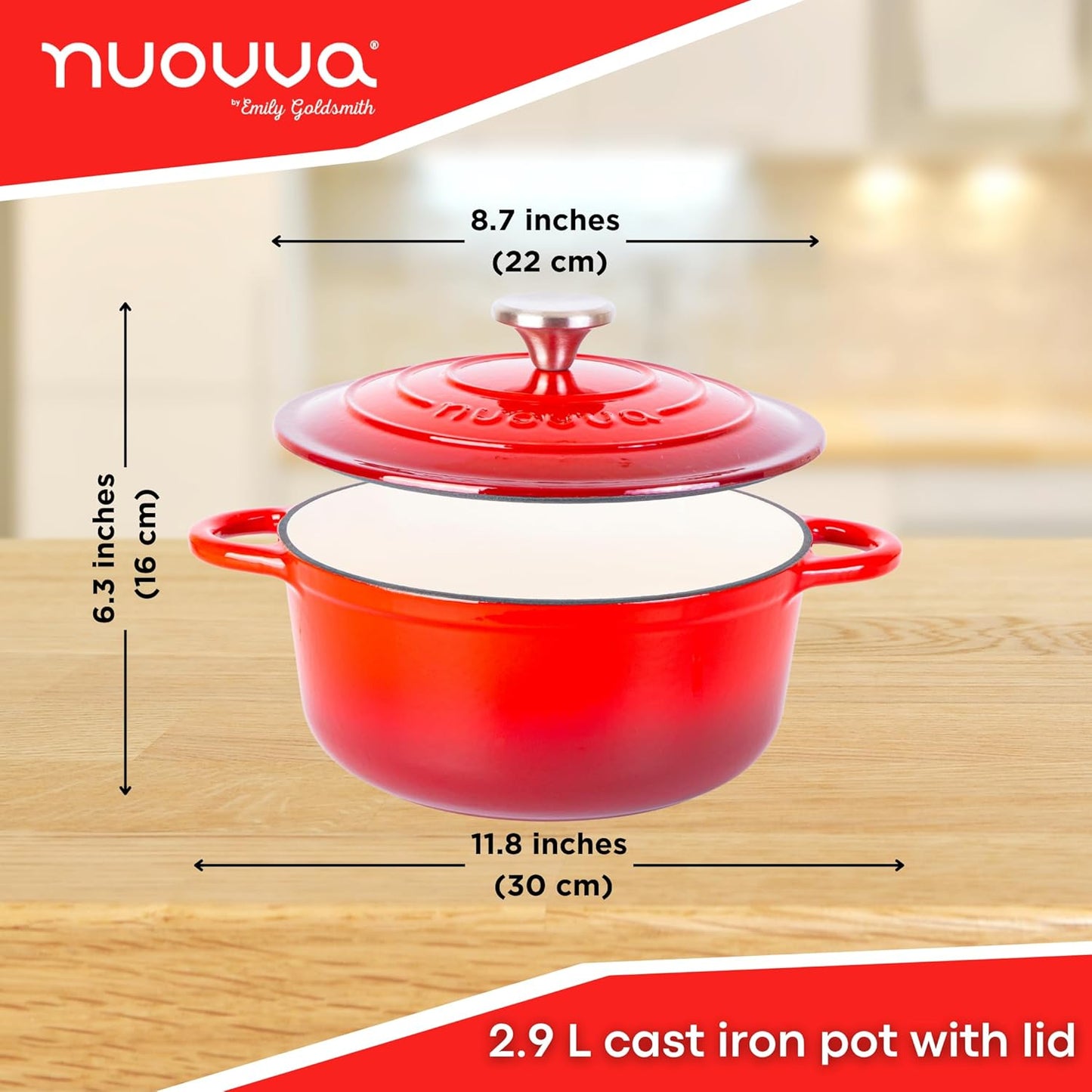 Cast Iron Dutch Oven with Lid – Non-Stick Ovenproof Enamelled Casserole Pot – Sturdy Dutch Oven Cookware – Red, 3.1-Quart, 22cm – by Nuovva