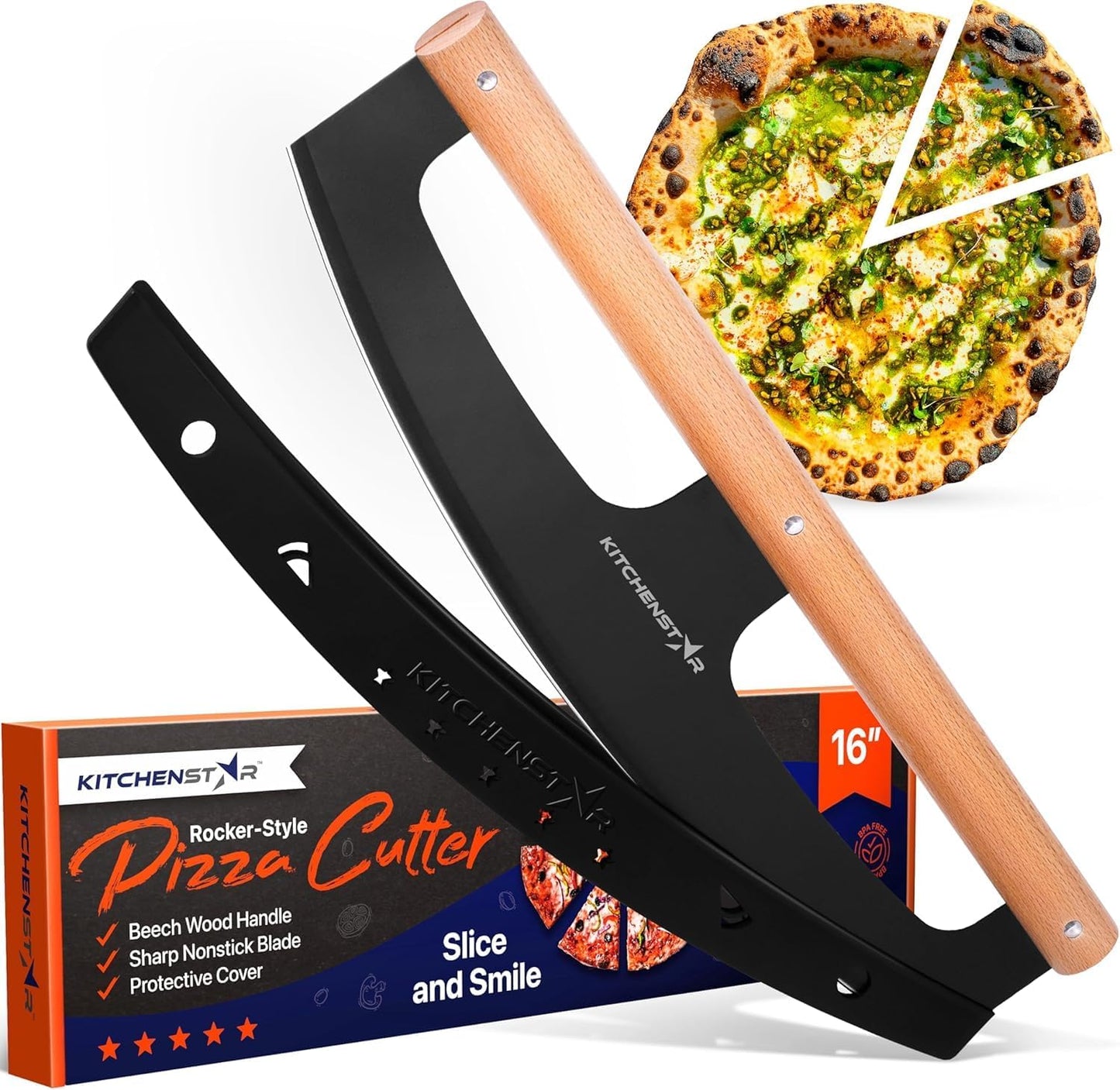 KitchenStar 16-Inch Pizza Cutter Rocker Blade - Razor Sharp Stainless Steel Slicer Knife, Stylish Beech Wood Handle, Protective Cover - Professional Pizza Oven Accessories, Black
