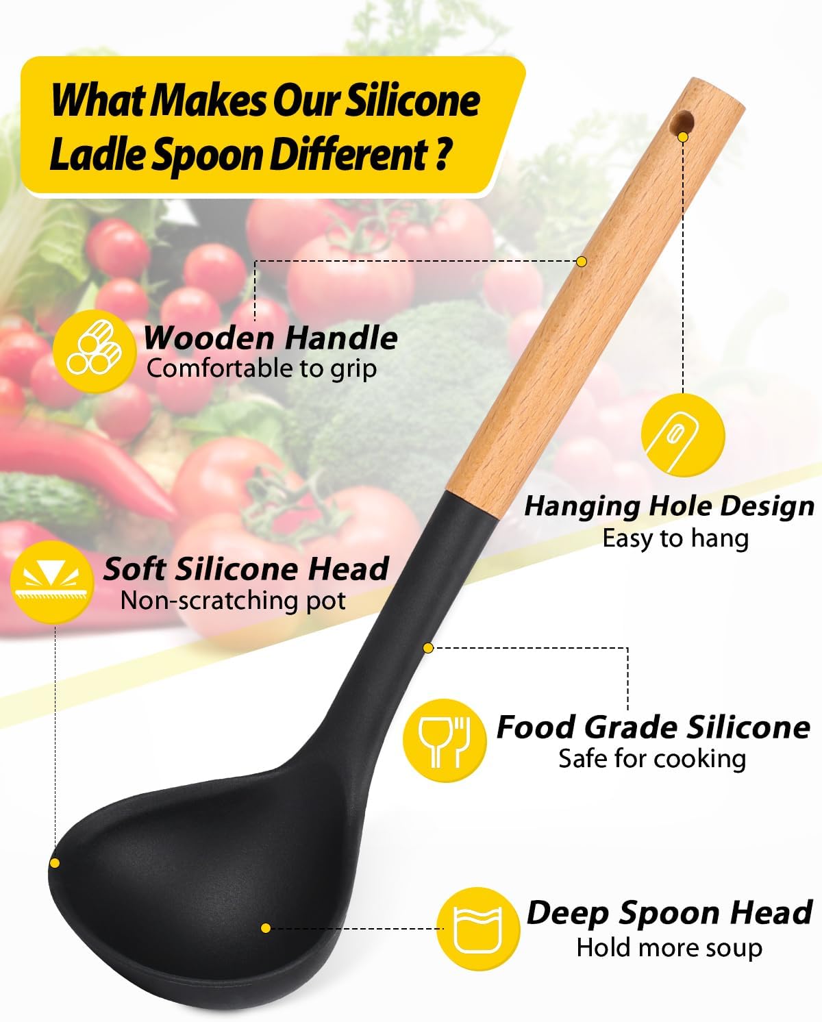 Pack of 2 Soup Ladle, Silicone Ladle Spoon with Wooden Handle, Large Non Stick High Heat Resistant Kitchen Utensils for Cooking, Stirring, Serving Soups(BLACK-KHAKI)