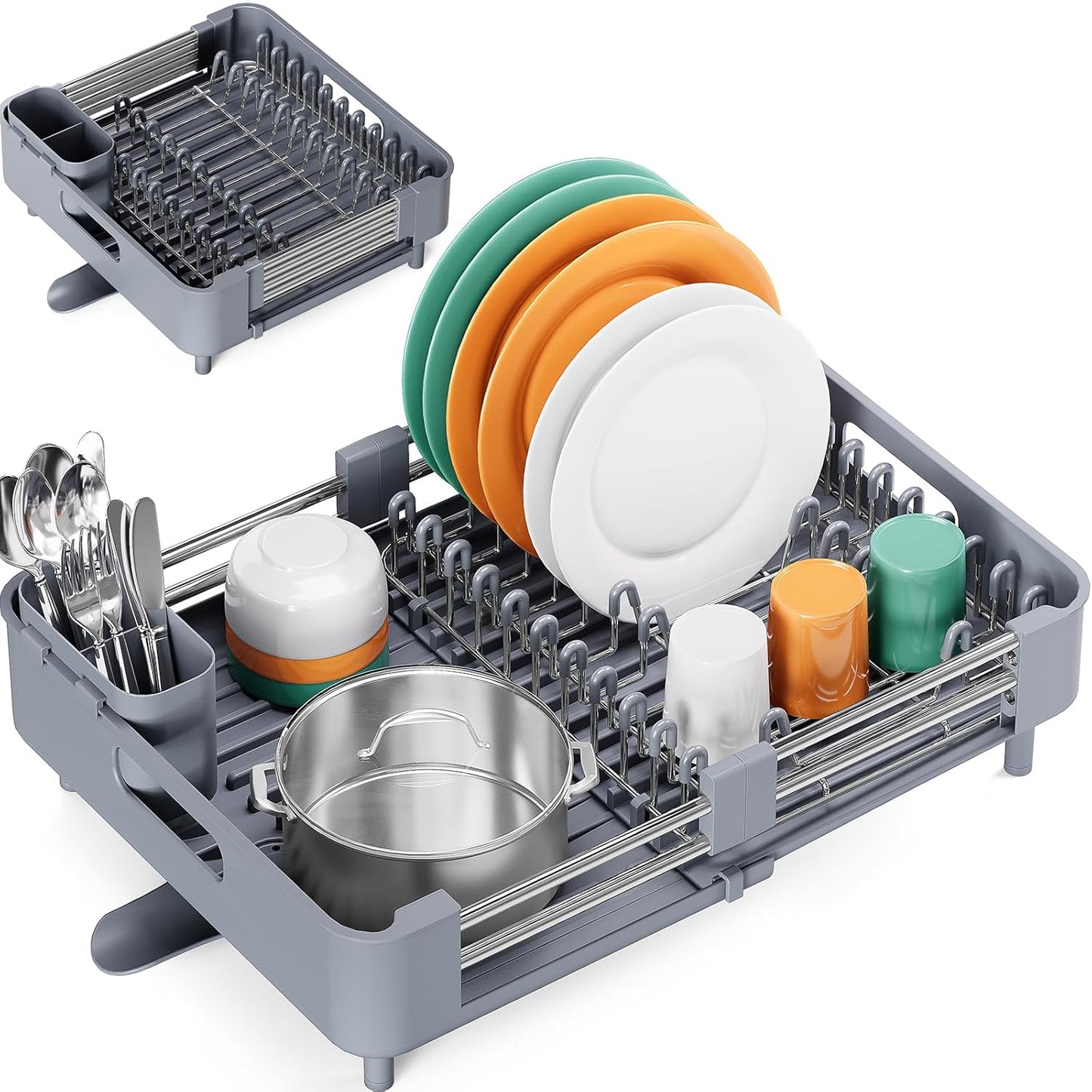 Dish Drying Rack for Kitchen Counter, Extendable Dish Rack with Drainboard, Expandable Dish Drainer, Collapsible Dish Strainer with Cutlery Holder, Foldable Home Countertop Plate Storage Rack, Gray