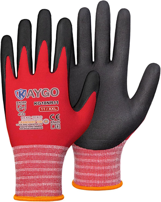 KAYGO Safety Work Gloves MicroFoam Nitrile Coated-3 Pairs, KG18NB,Seamless Knit Nylon Glove with Black Micro-Foam Nitrile Grip,Ideal for General Purpose,Automotive,Home Improvement,Red XX-Large