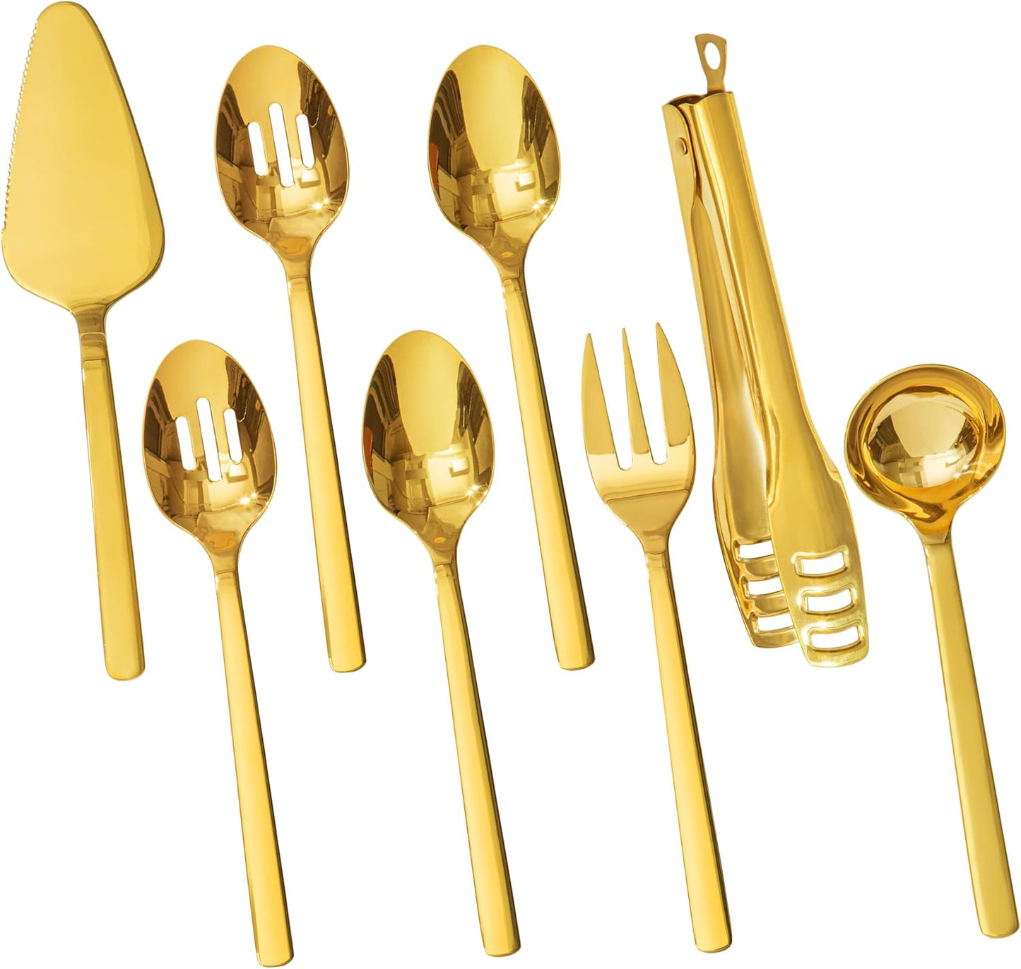 KINGSTONE Large Hostess Serving Utensils Sets,18/10 Stainless Steel Heavy Duty 10inch Serving Spoons,Slotted Spoons,Serving Fork,Serving Tongs, Cake Pie Server For Buffet, Wedding, Party, Gold