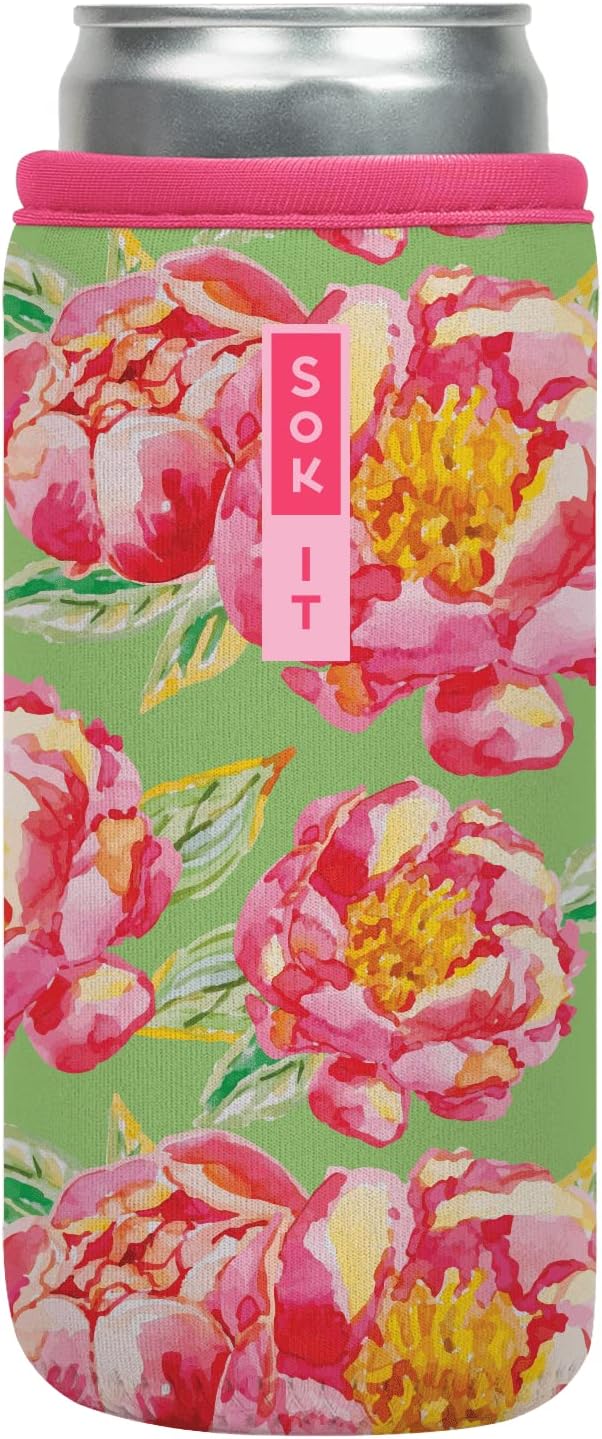 Sok It CanSok Sleeve for Beer & Soda Insulated Neoprene Cover (Pink Peonies, 12oz Slim Can Sleeve)