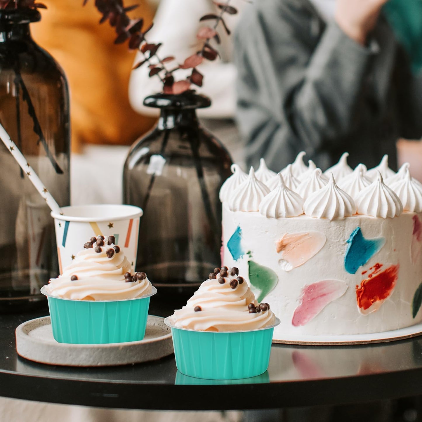 Cupcake Pans with Dome Lids 100 Pack,LNYZQUS 5oz Mini Aluminum Baking Pans Cupcake Cups Muffin Tin,Disposable Ramekins Mini Cake Pans Cupcake Containers Holders -Cyan Blue