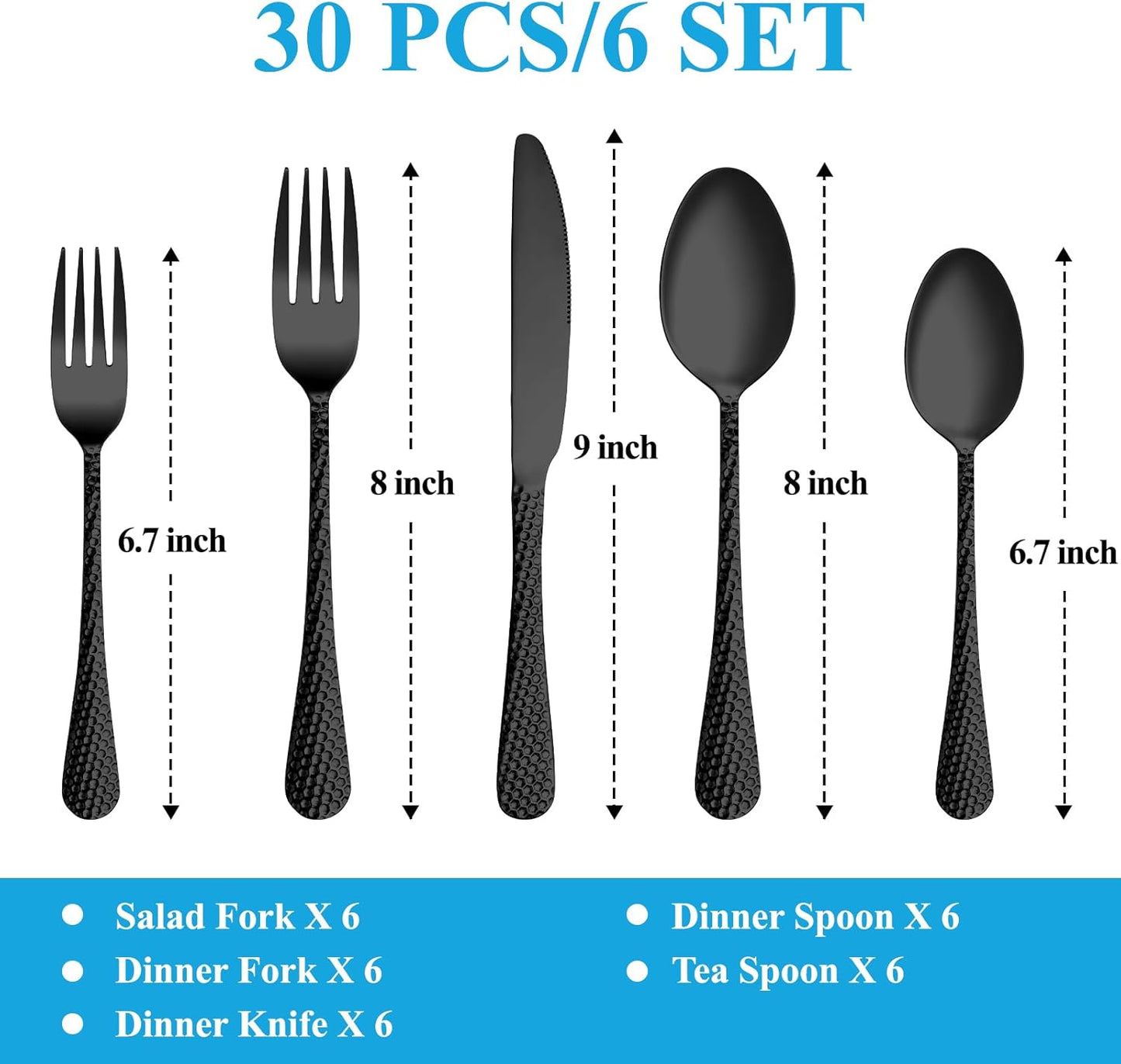30 Pcs Black Hammered Silverware Set Service for 6,Stainless Steel Flatware Set,Mirror Polished Cutlery Utensil Set,Durable Kitchen Eating Tableware Set,Include Fork Knife Spoon Set,Dishwasher Safe